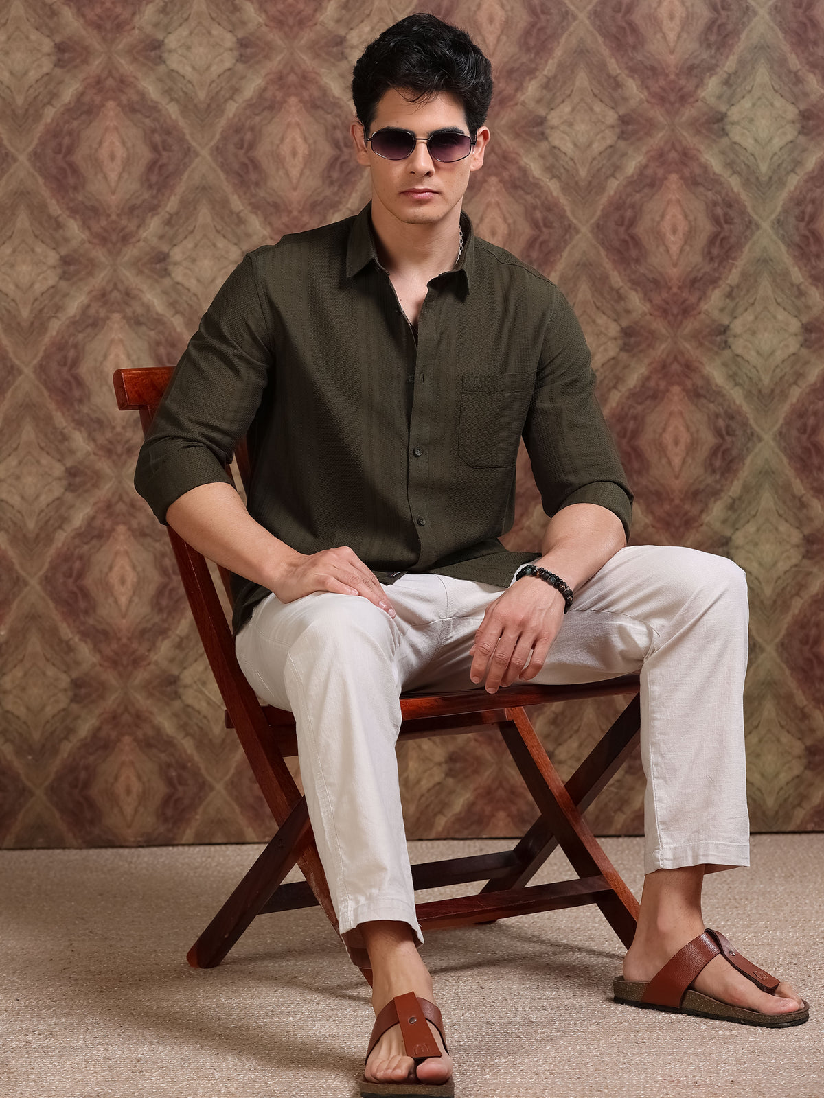 MEN'S OLIVE GREEN SELF DESIGN SLIM FIT SHIRT
