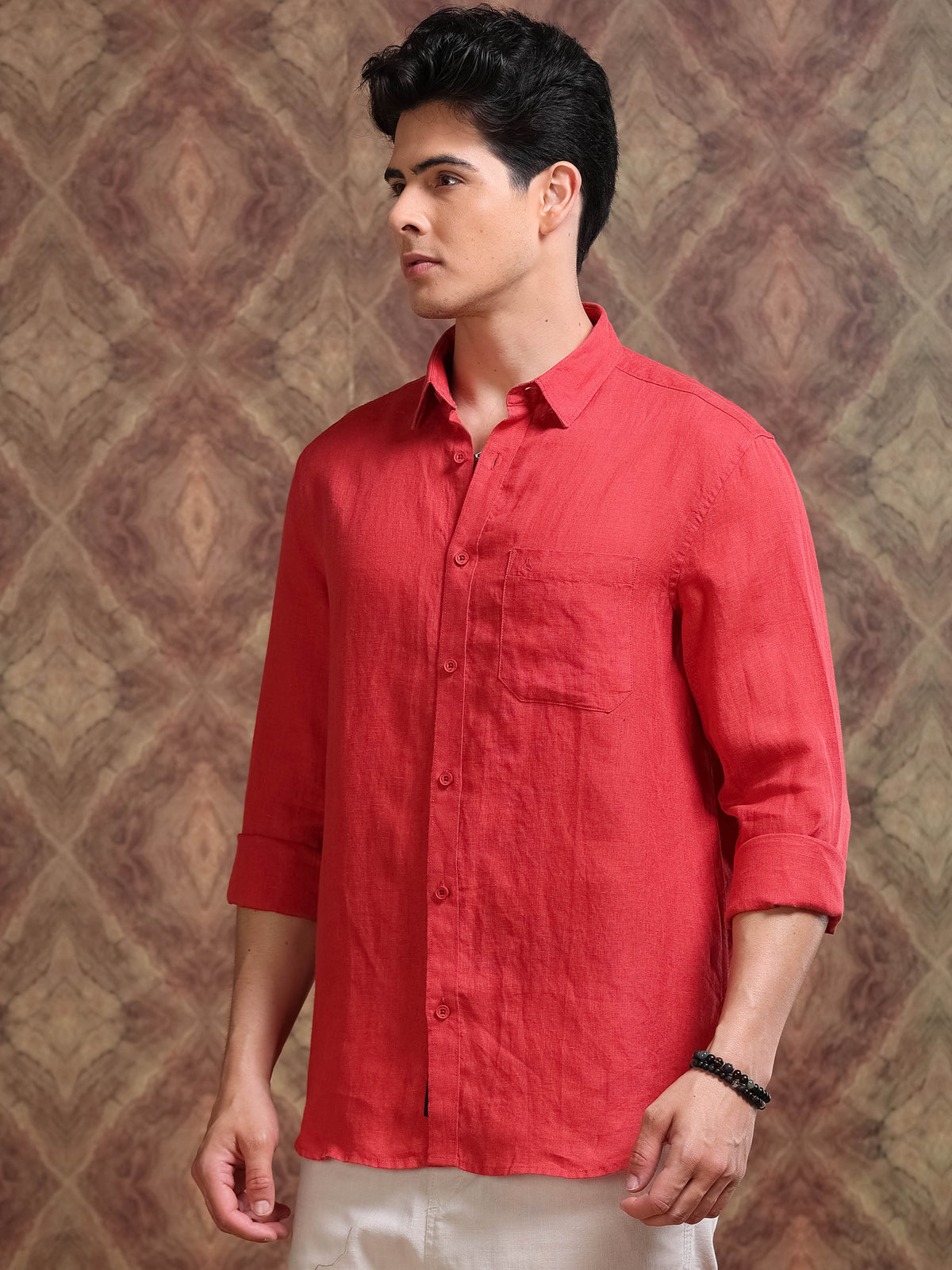 MEN'S BRICK ORANGE SOLID SLIM FIT LINEN SHIRT
