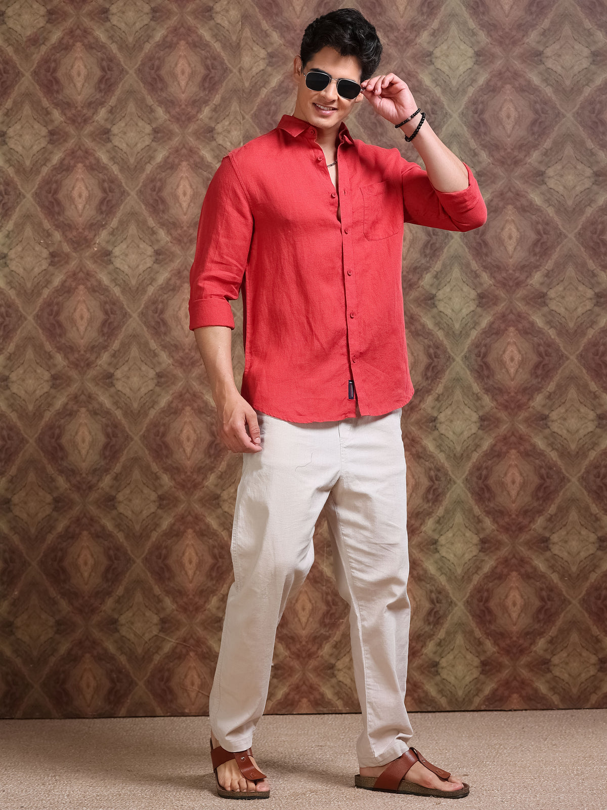 MEN'S BRICK ORANGE SOLID SLIM FIT LINEN SHIRT