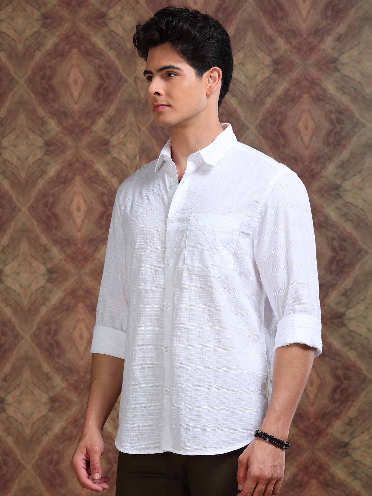 MEN'S WHITE SELF DESIGN SLIM FIT SHIRT