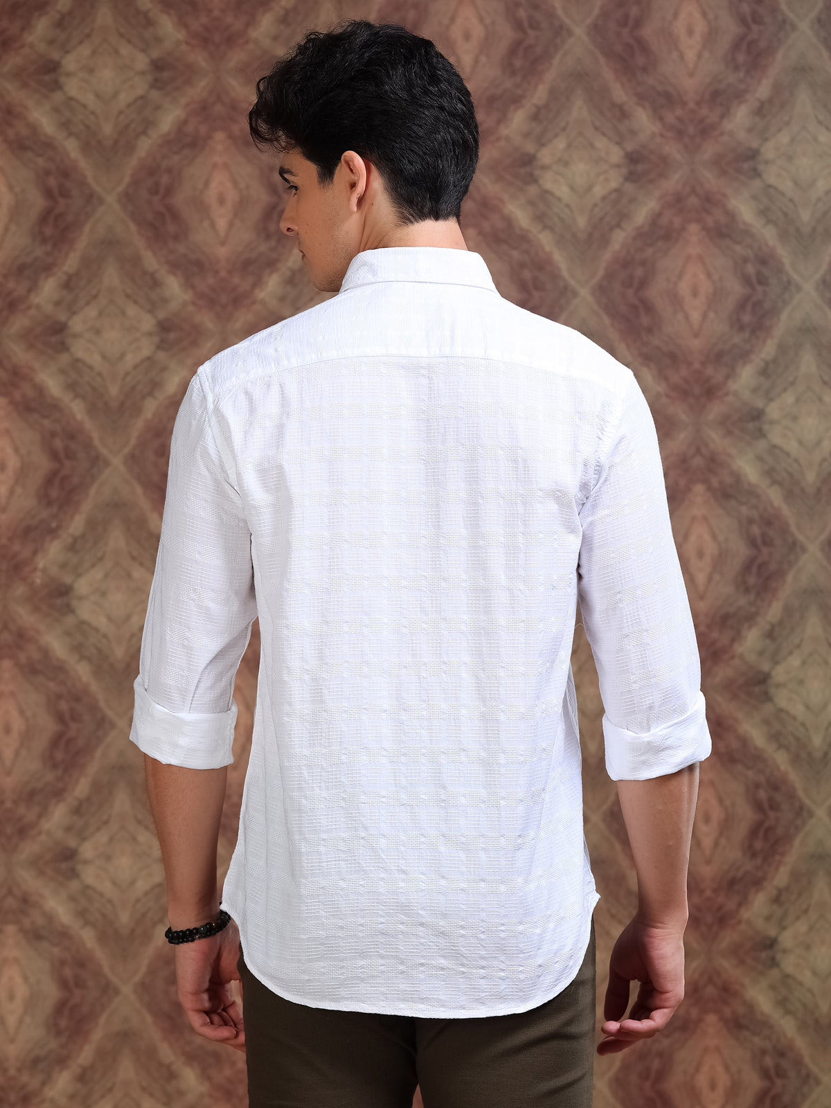 MEN'S WHITE SELF DESIGN SLIM FIT SHIRT