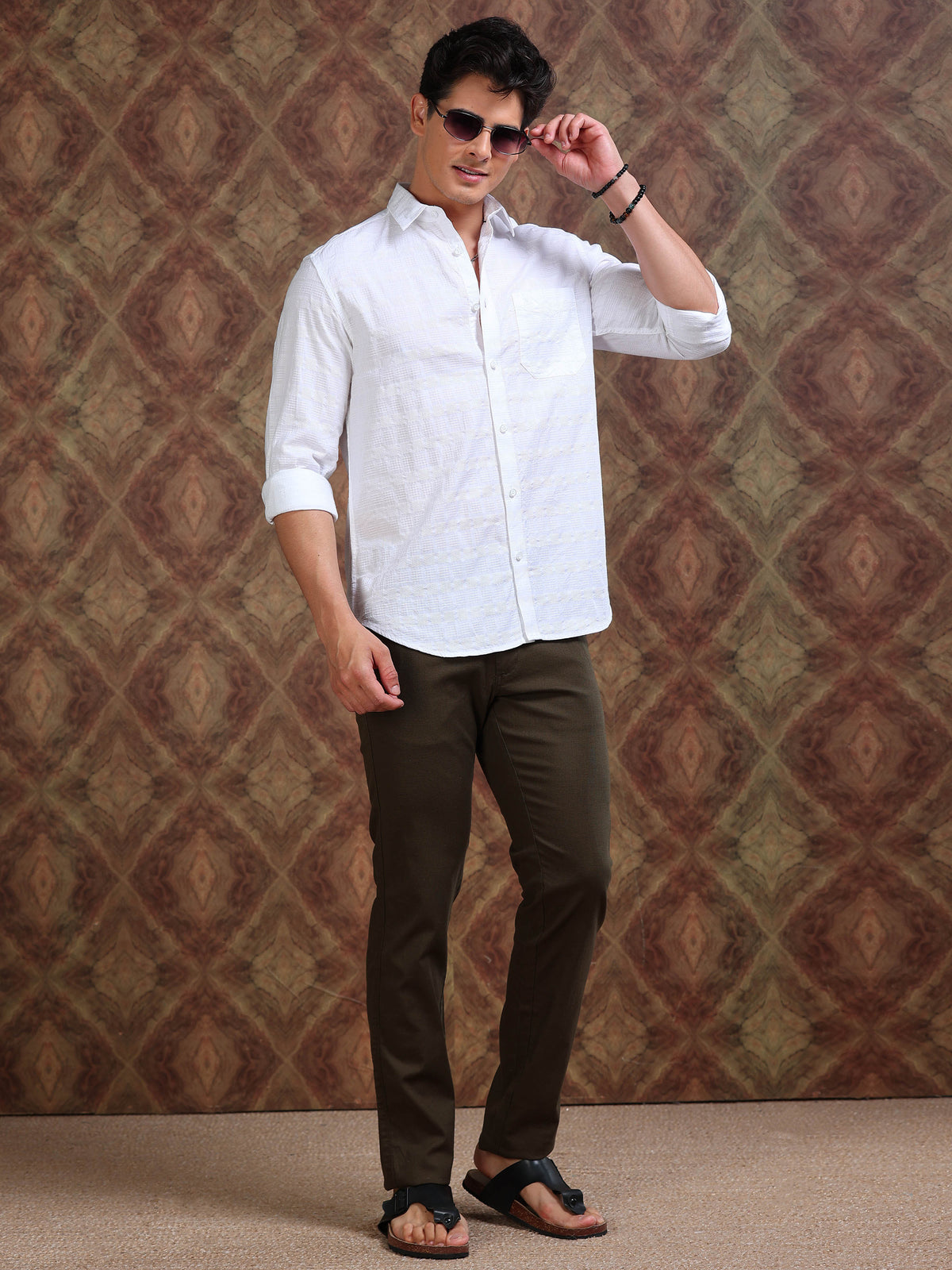 MEN'S WHITE SELF DESIGN SLIM FIT SHIRT