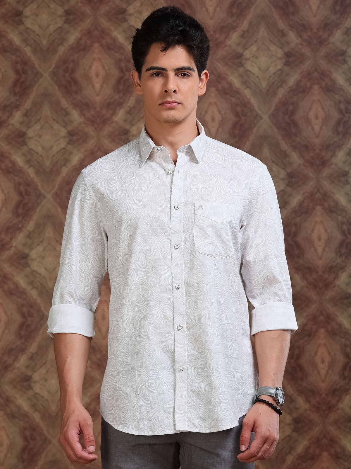 MEN'S LT.BROWN DOBBY PRINT SLIM FIT SHIRT