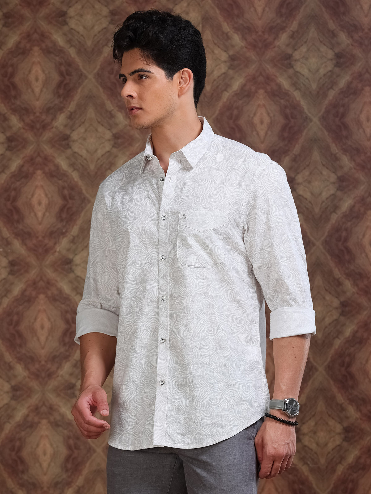 MEN'S LT.BROWN DOBBY PRINT SLIM FIT SHIRT