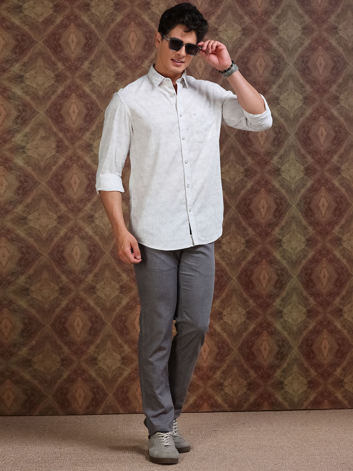 MEN'S LT.BROWN DOBBY PRINT SLIM FIT SHIRT