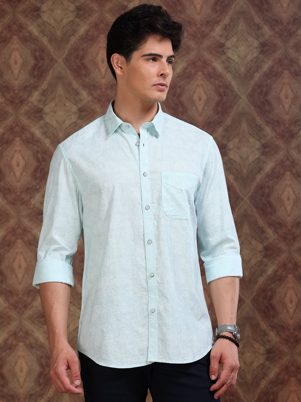 MEN'S LT.BLUE DOBBY PRINT SLIM FIT SHIRT