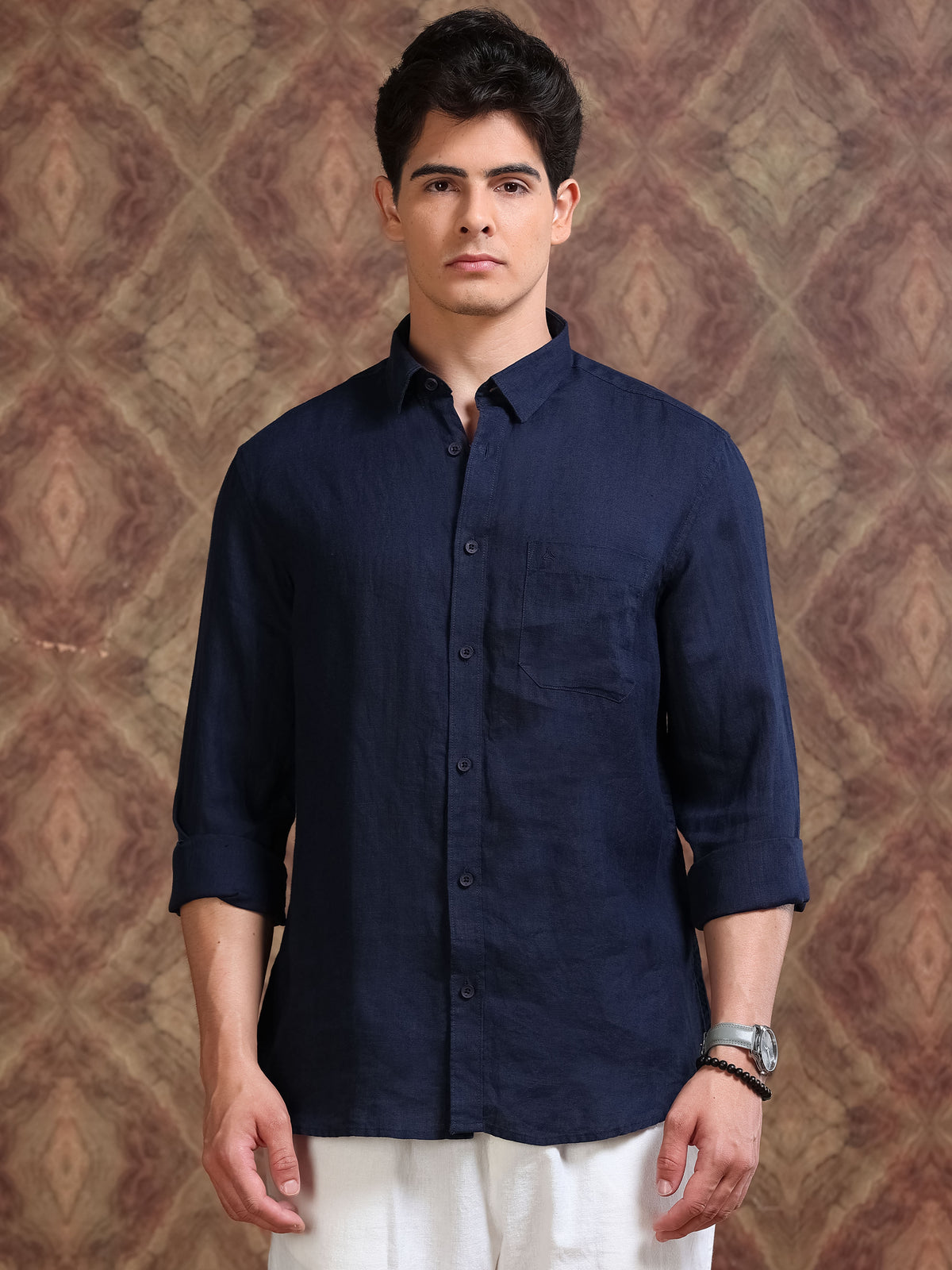 MEN'S NAVY SOLID SLIM FIT LINEN SHIRT
