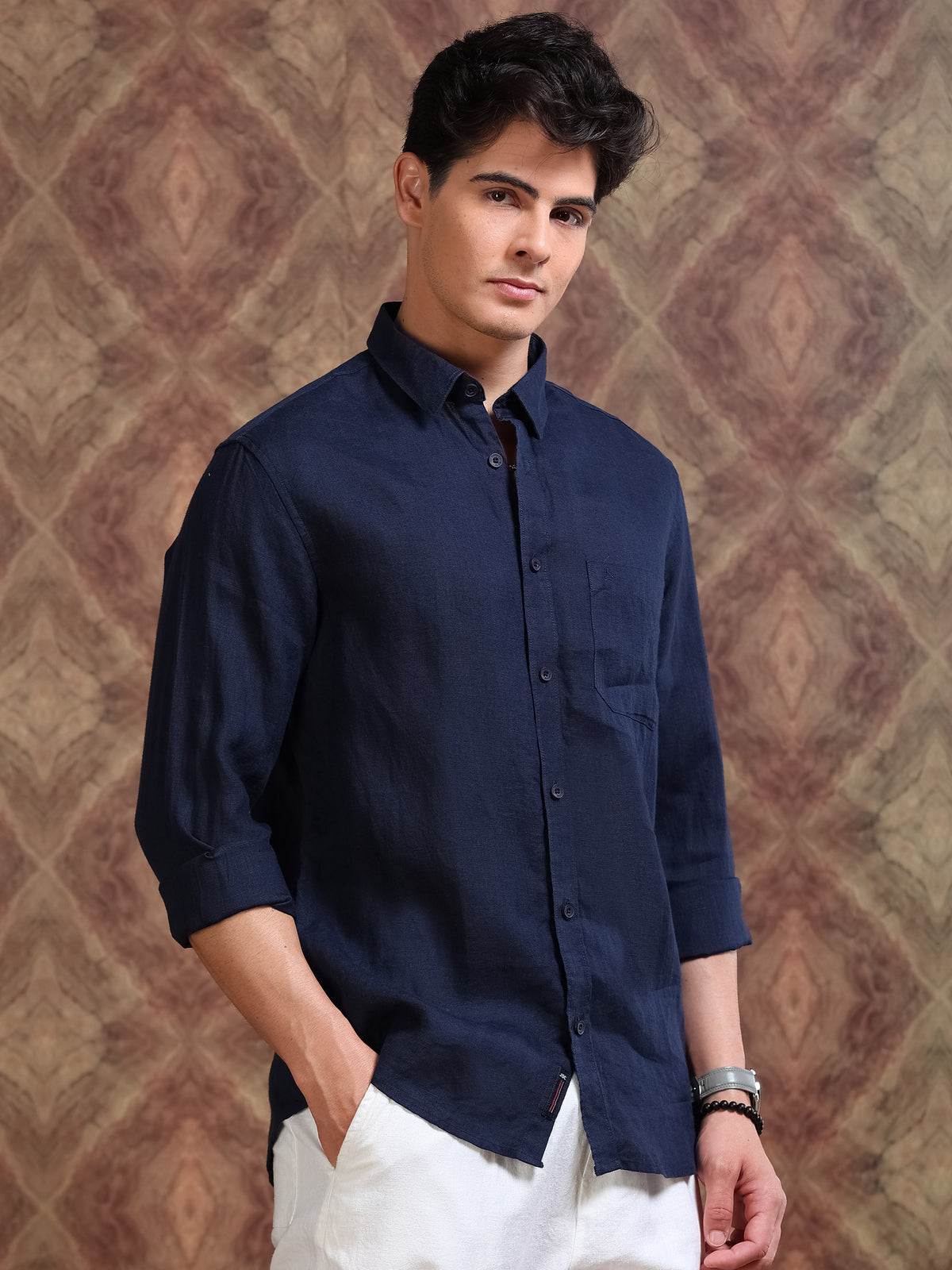 MEN'S NAVY SOLID SLIM FIT LINEN SHIRT