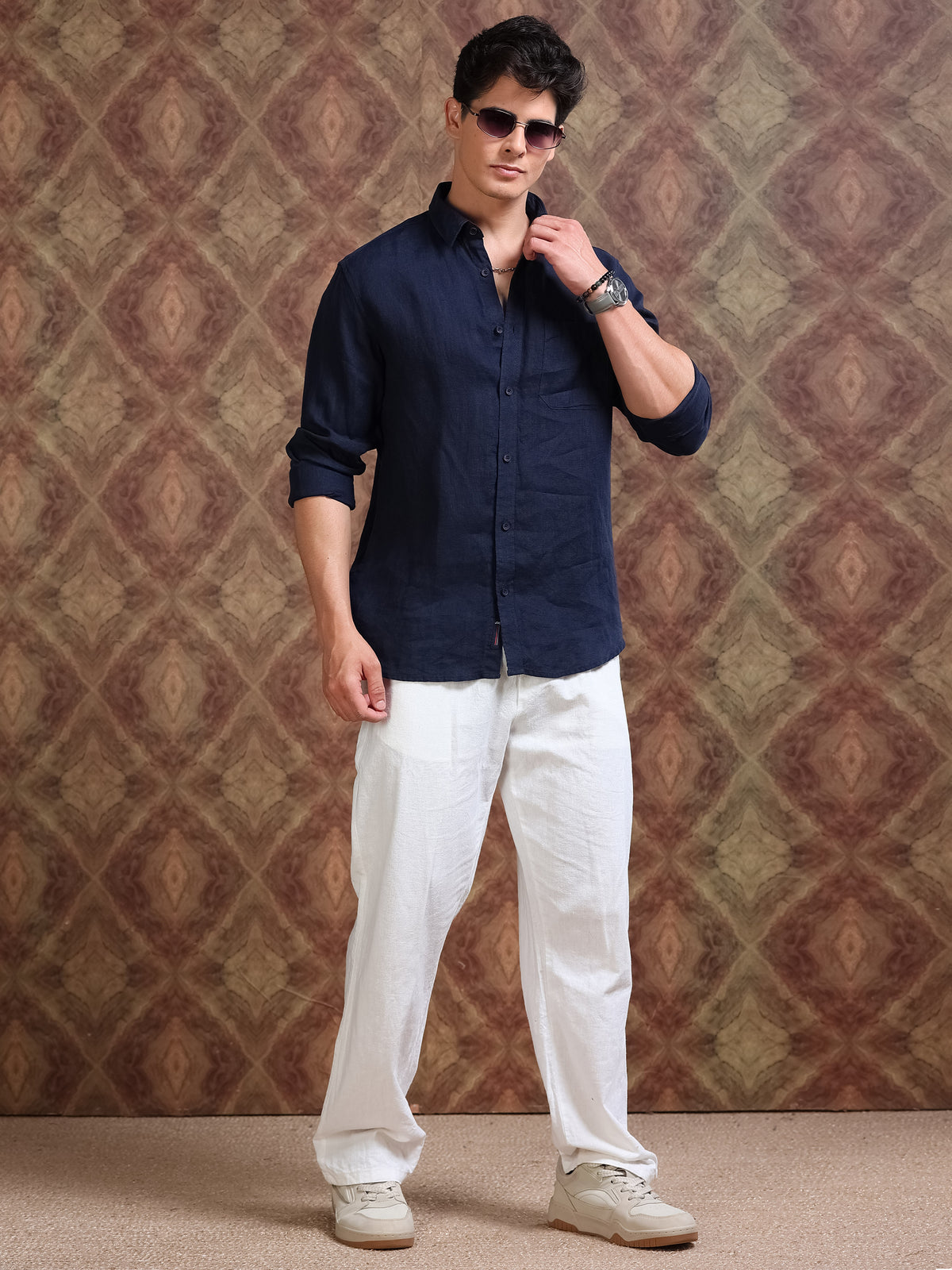 MEN'S NAVY SOLID SLIM FIT LINEN SHIRT