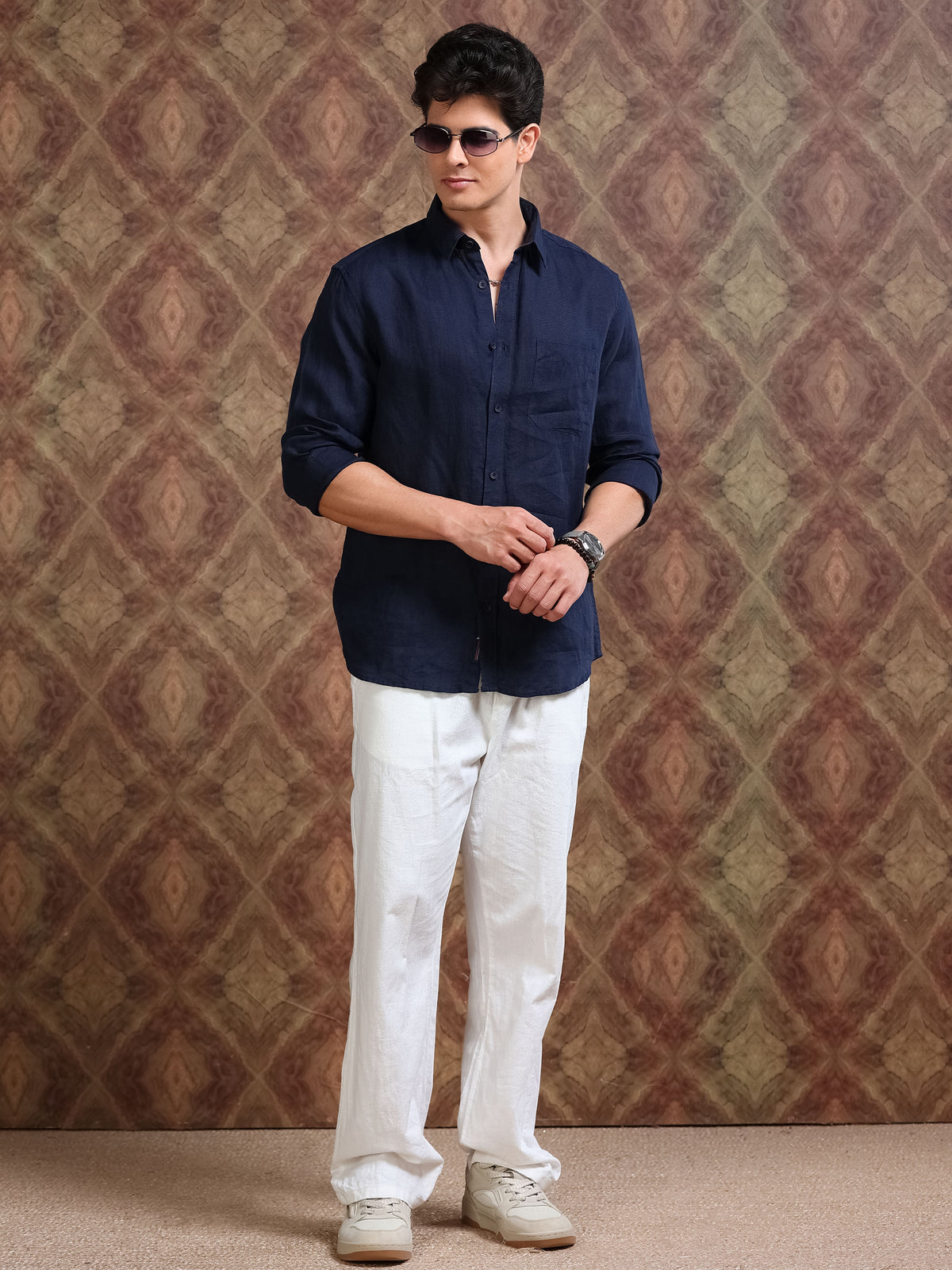 MEN'S NAVY SOLID SLIM FIT LINEN SHIRT