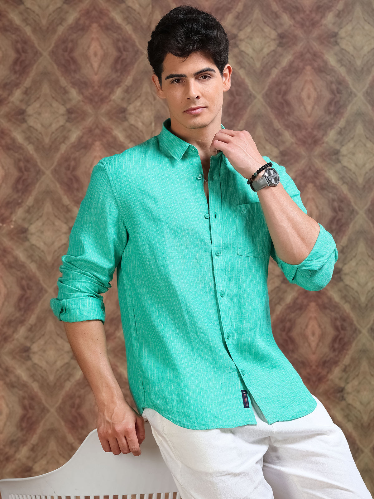 MEN'S GREEN STRIPE SLIM FIT LINEN SHIRT