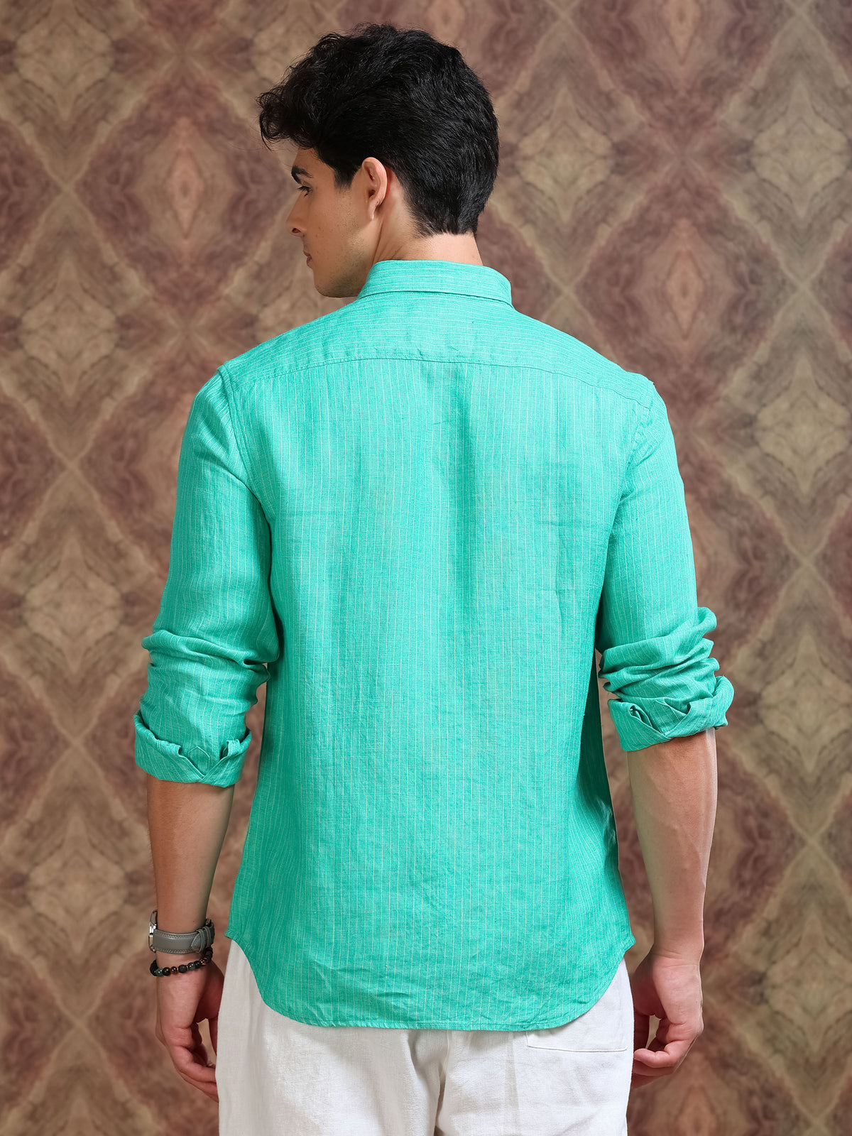 MEN'S GREEN STRIPE SLIM FIT LINEN SHIRT