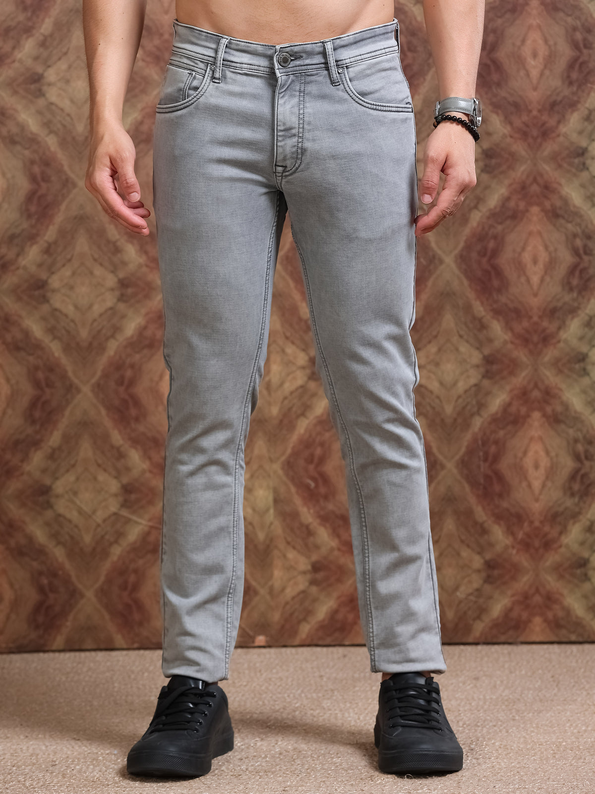 MEN'S GREY SOLID SLIM FIT JEANS