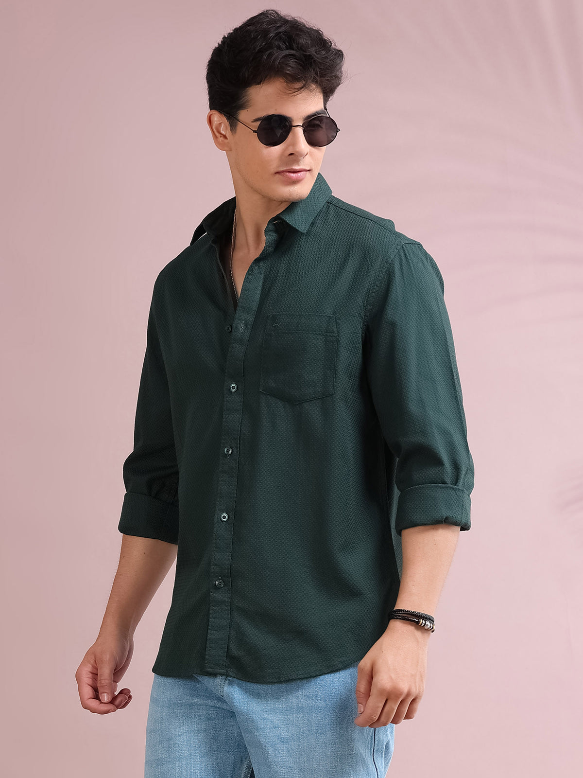 MEN'S AUTUMN GREEN SELF DESIGN SLIM FIT SHIRT