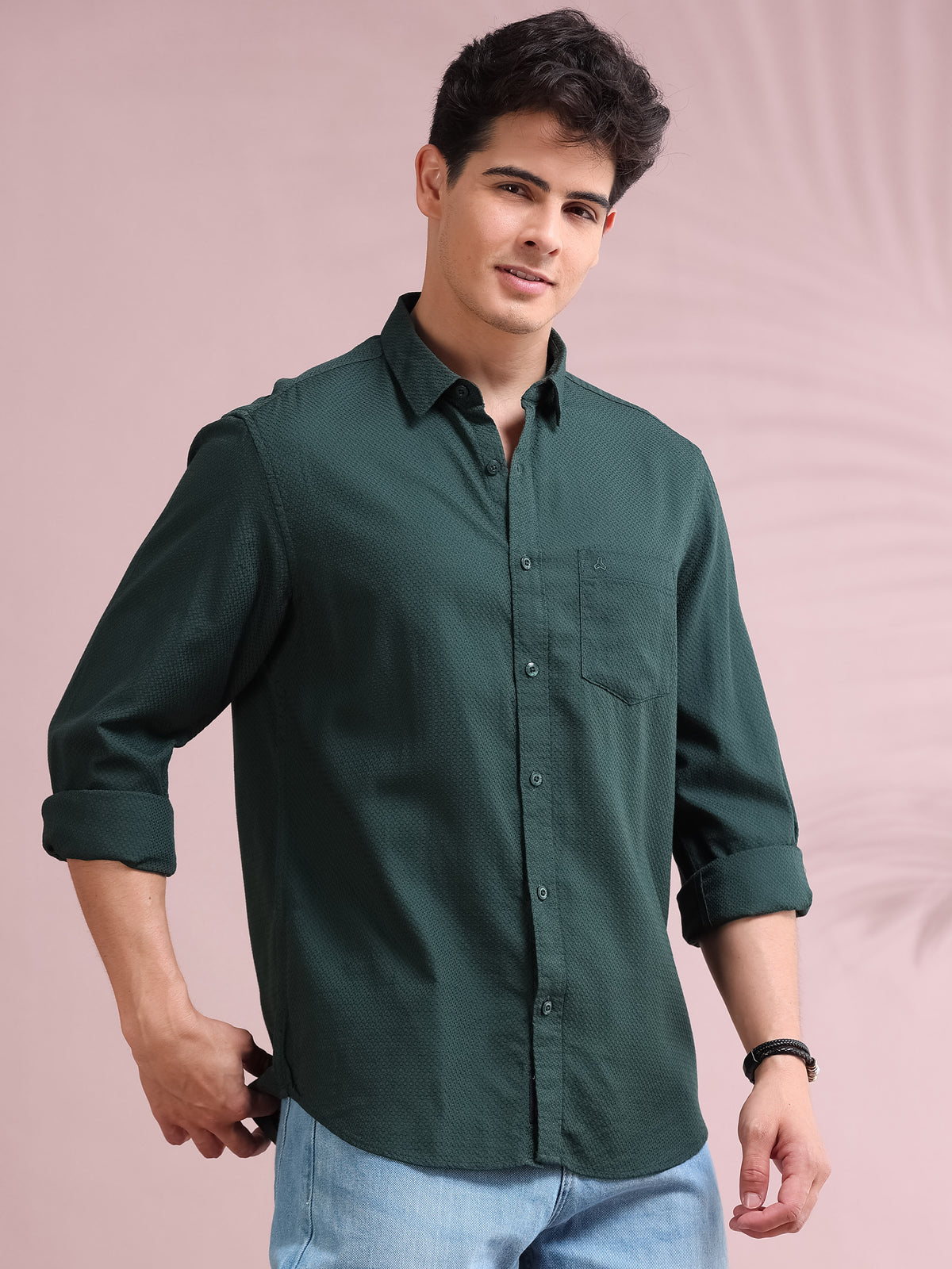 MEN'S AUTUMN GREEN SELF DESIGN SLIM FIT SHIRT