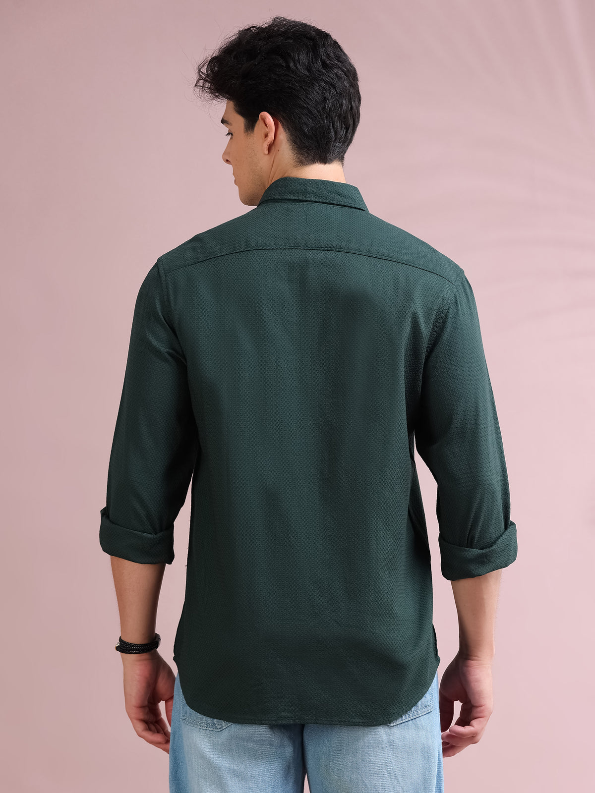 MEN'S AUTUMN GREEN SELF DESIGN SLIM FIT SHIRT
