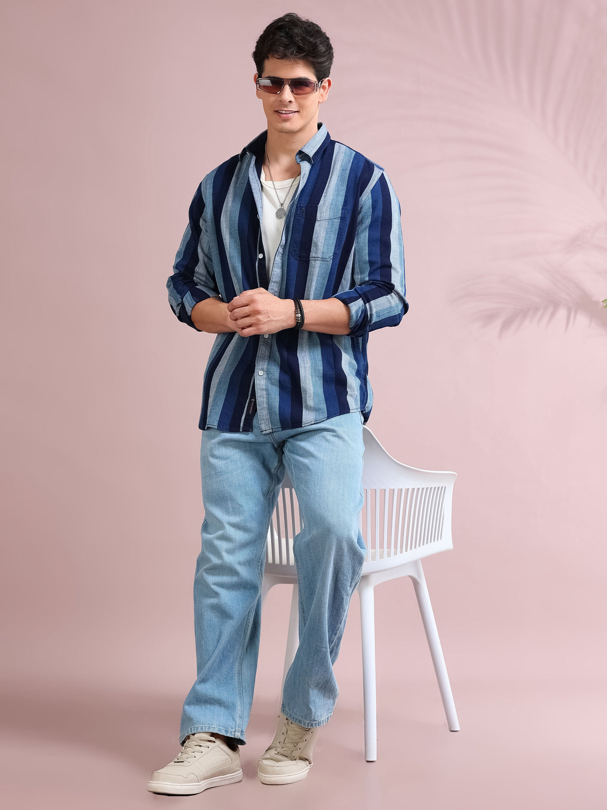 MEN'S NAVY STRIPE SLIM FIT INDIGO SHIRT