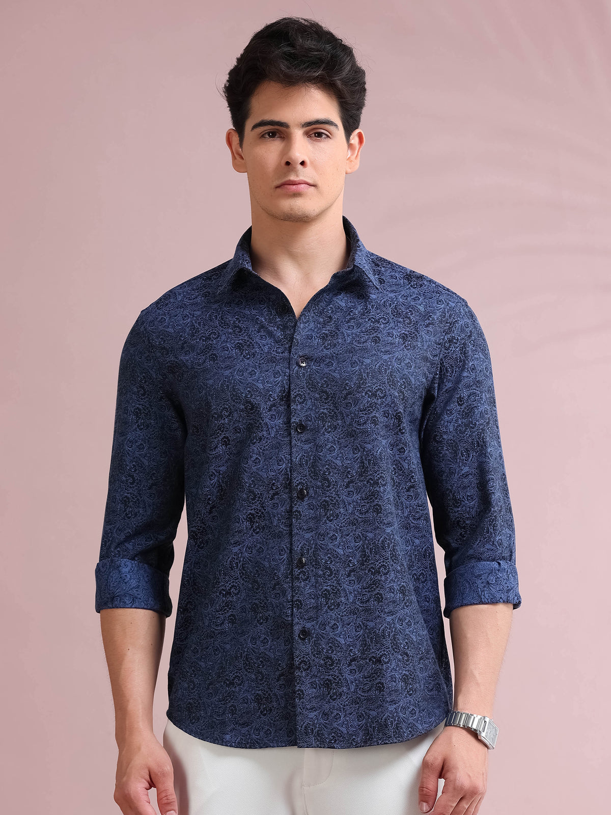 MEN'S BLUE FANCY PRINT SLIM FIT SHIRT