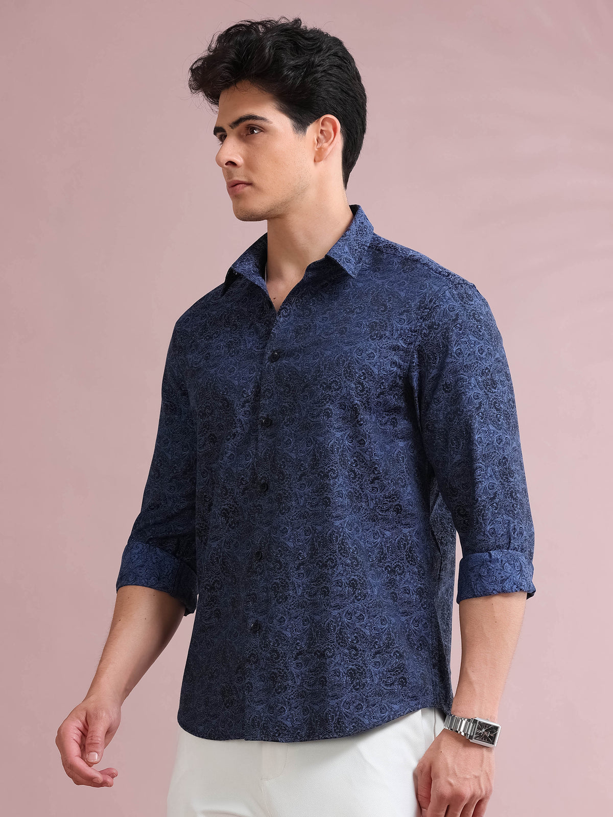 MEN'S BLUE FANCY PRINT SLIM FIT SHIRT