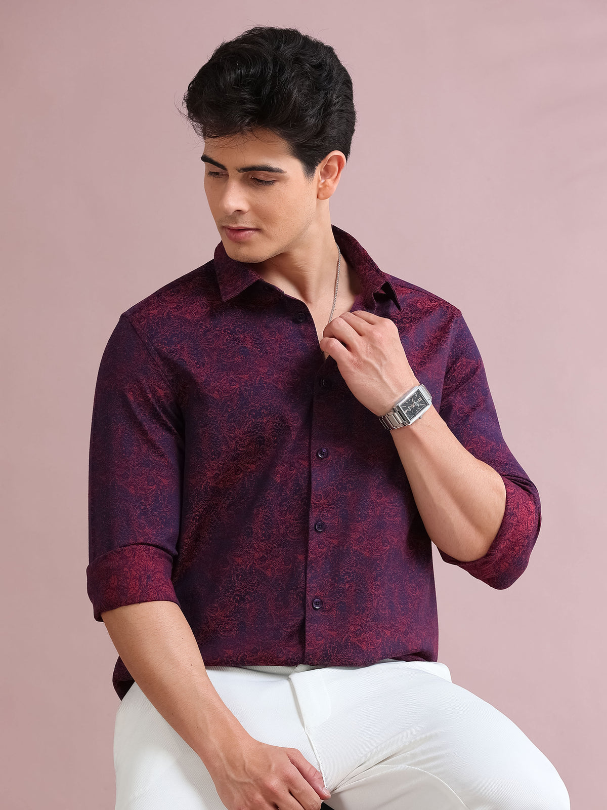 MEN'S MAROON FANCY PRINT SLIM FIT SHIRT