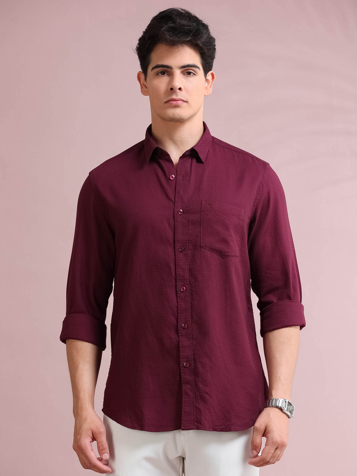 MEN'S FINE WINE SELF DESIGN SLIM FIT SHIRT