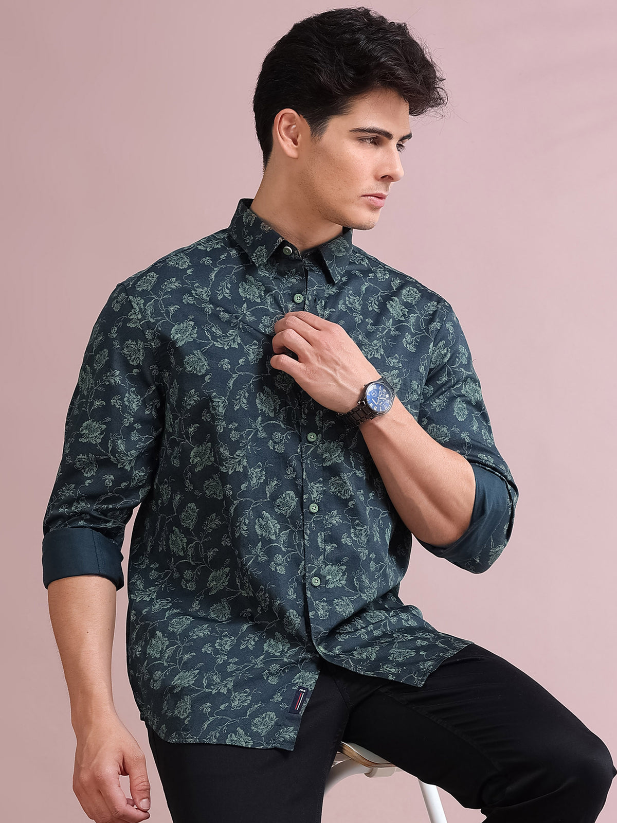 MEN'S GREEN PRINT SLIM FIT SHIRT