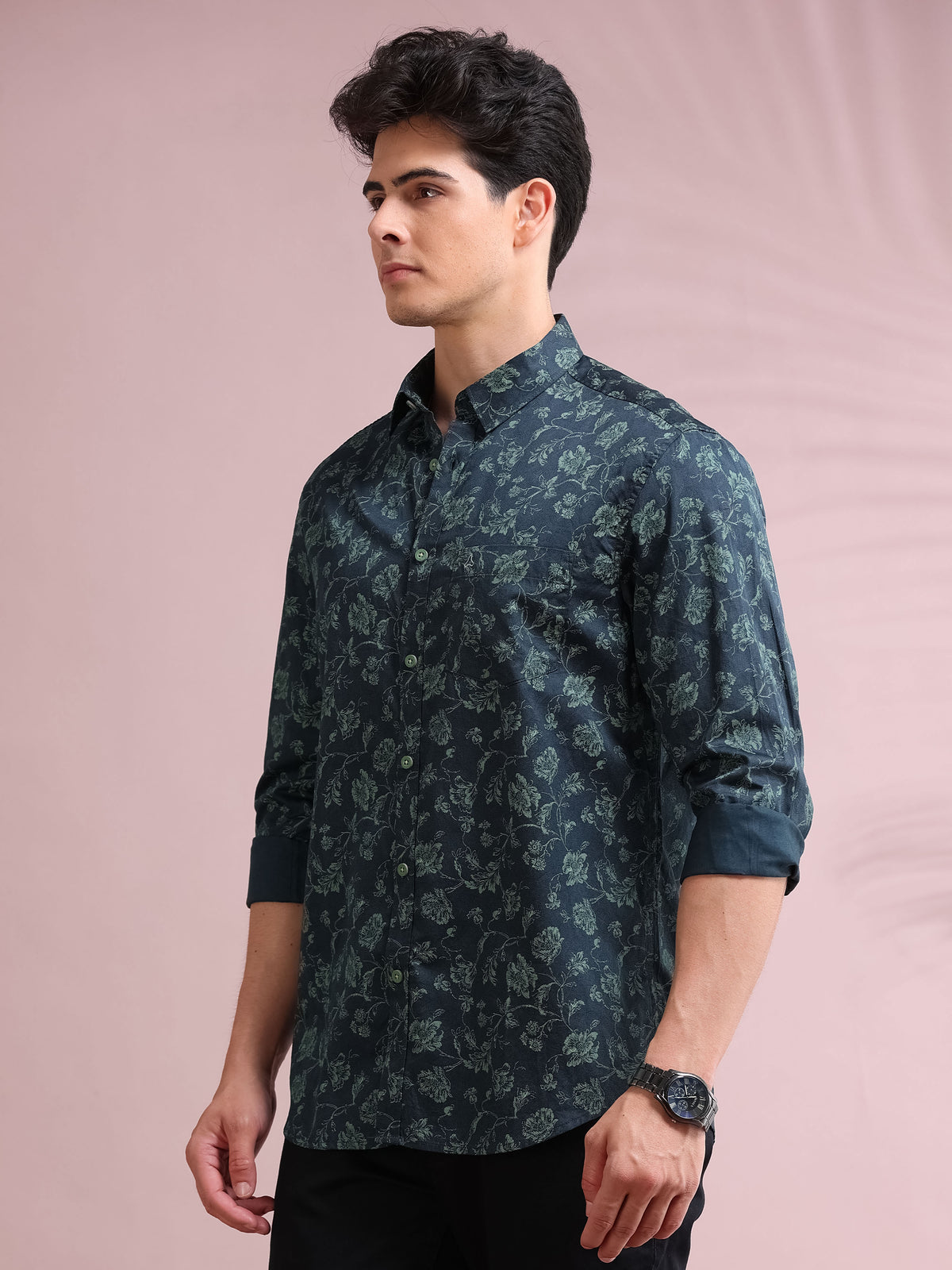 MEN'S GREEN PRINT SLIM FIT SHIRT