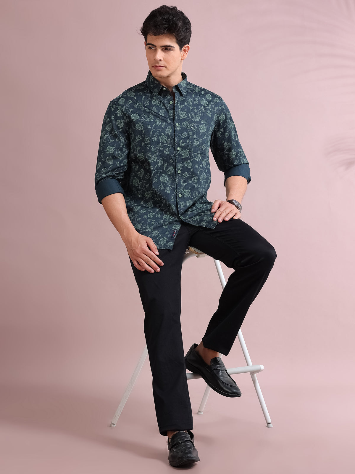 MEN'S GREEN PRINT SLIM FIT SHIRT