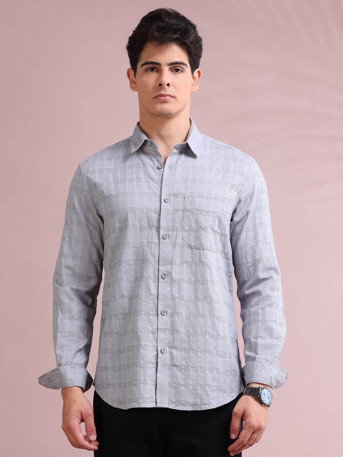 MEN'S SILVER SELF DESIGN SLIM FIT SHIRT