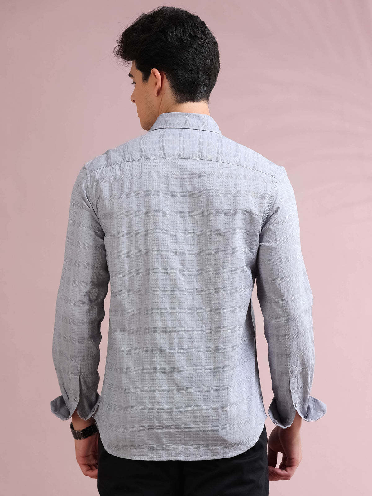 MEN'S SILVER SELF DESIGN SLIM FIT SHIRT