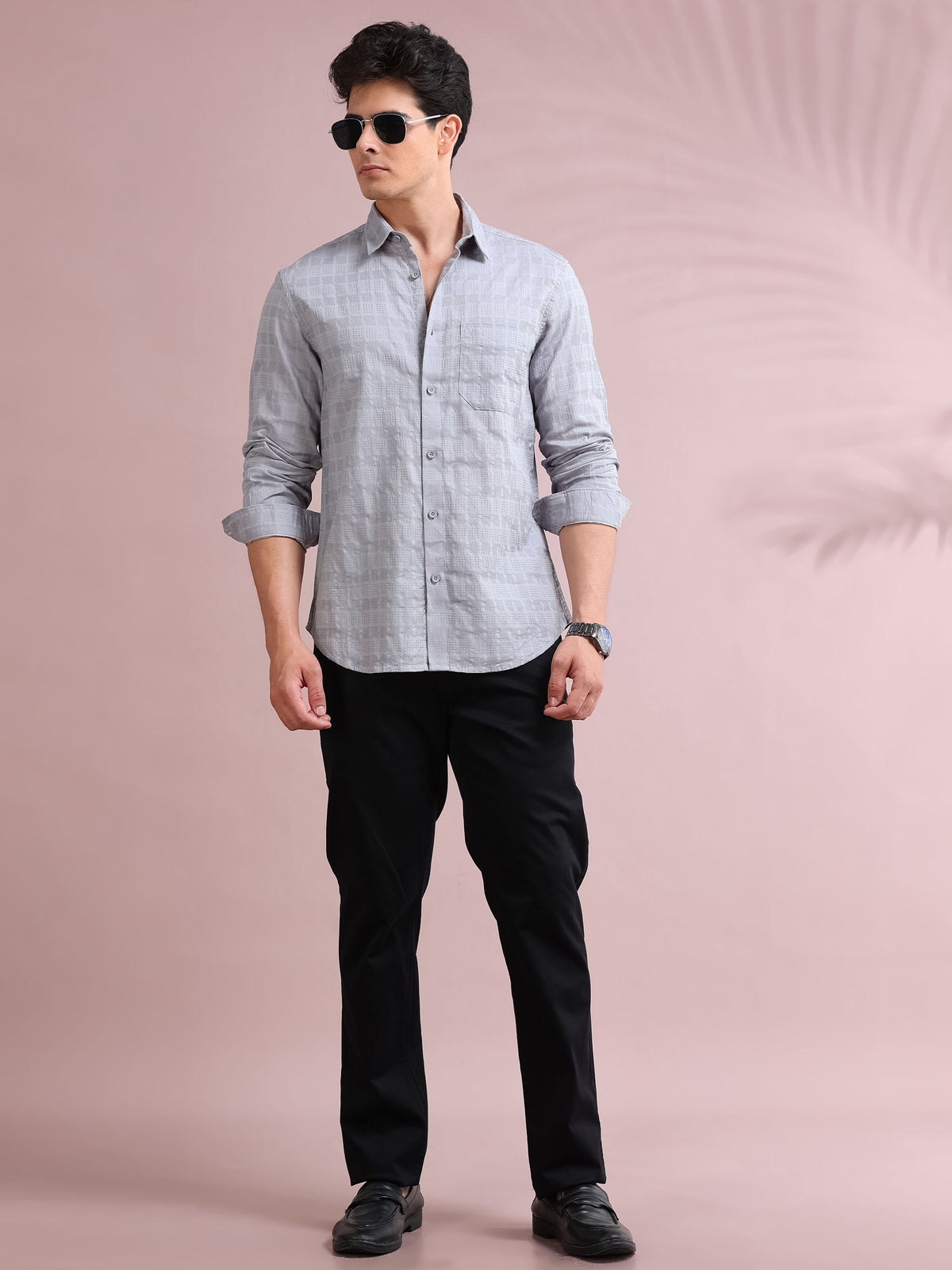 MEN'S SILVER SELF DESIGN SLIM FIT SHIRT