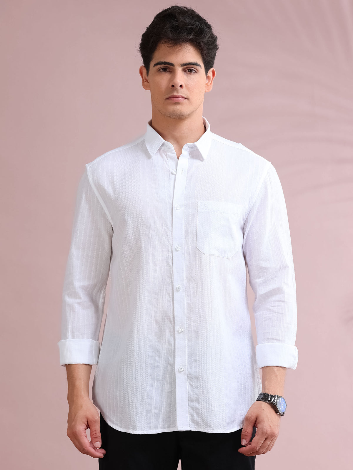 MEN'S WHITE SELF DESIGN SLIM FIT SHIRT
