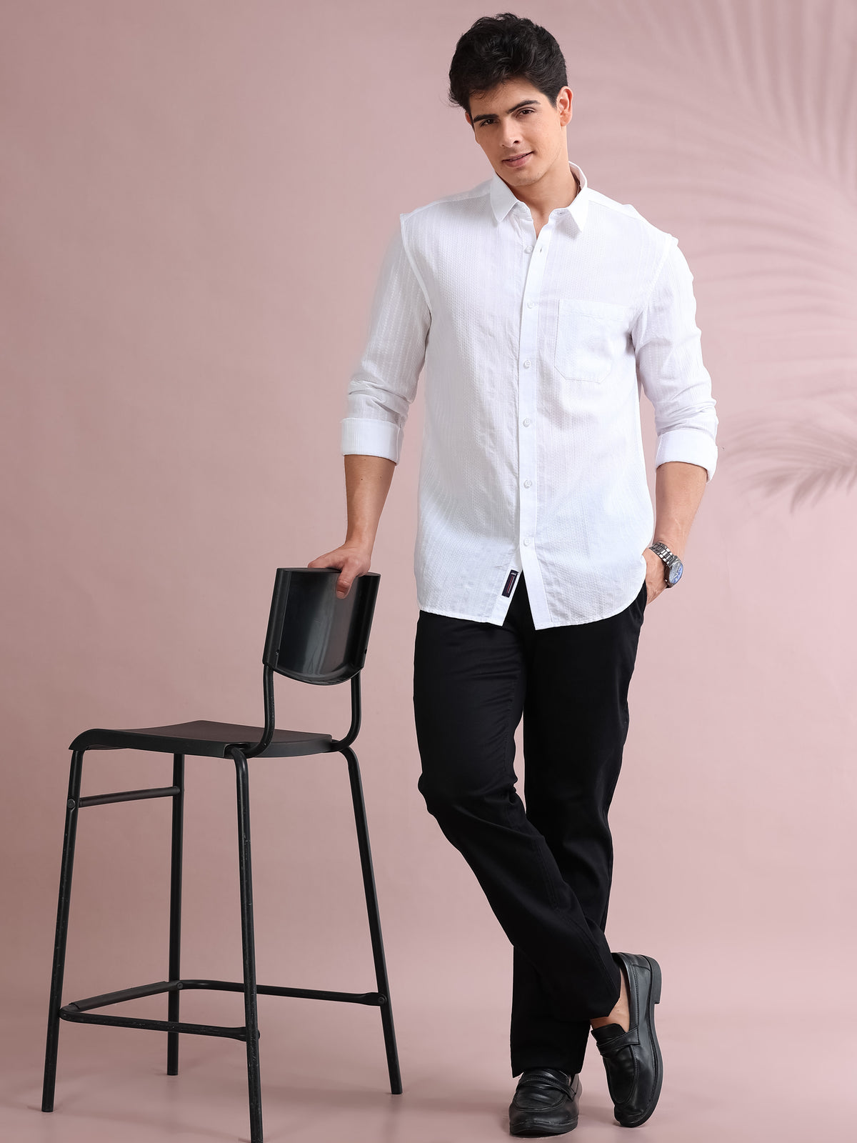 MEN'S WHITE SELF DESIGN SLIM FIT SHIRT