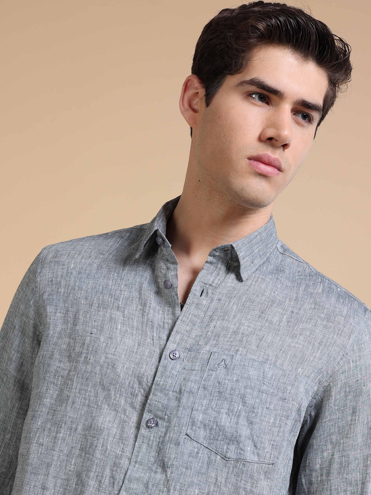 MEN'S LT.BLACK SOLID SLIM FIT LINEN SHIRT