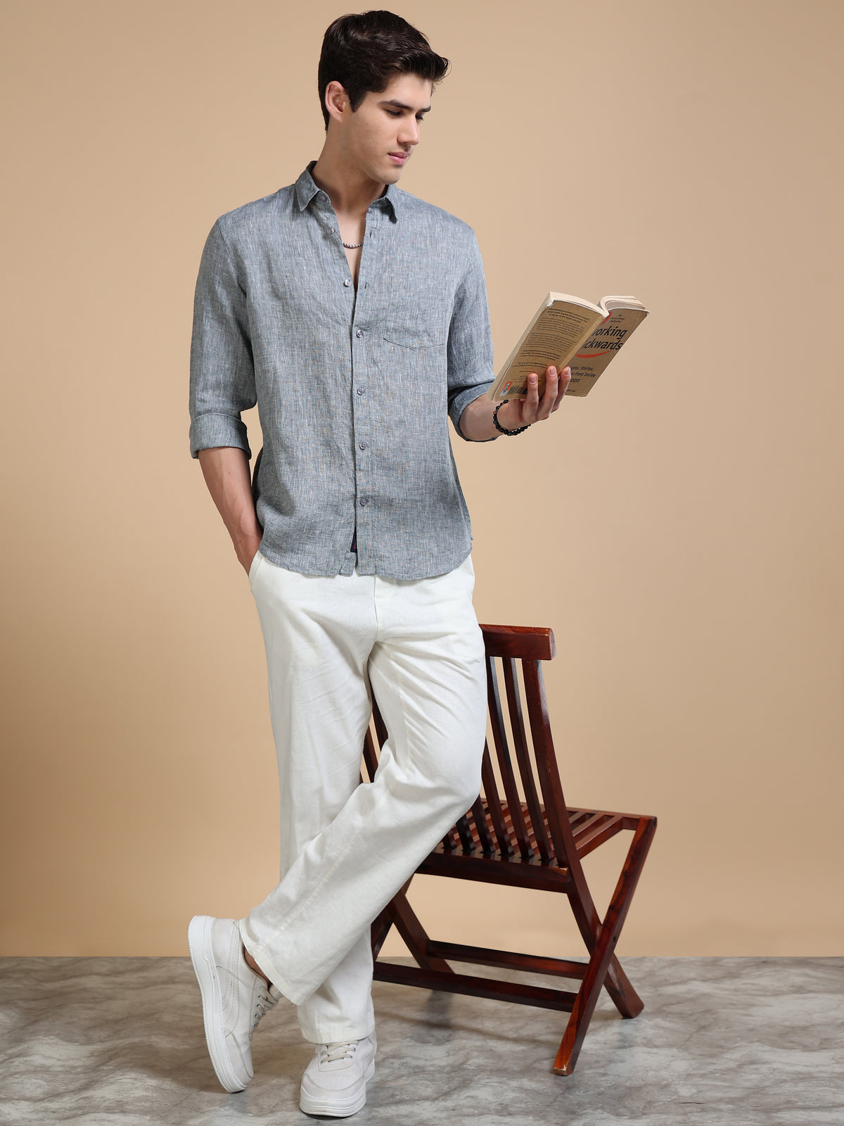 MEN'S LT.BLACK SOLID SLIM FIT LINEN SHIRT