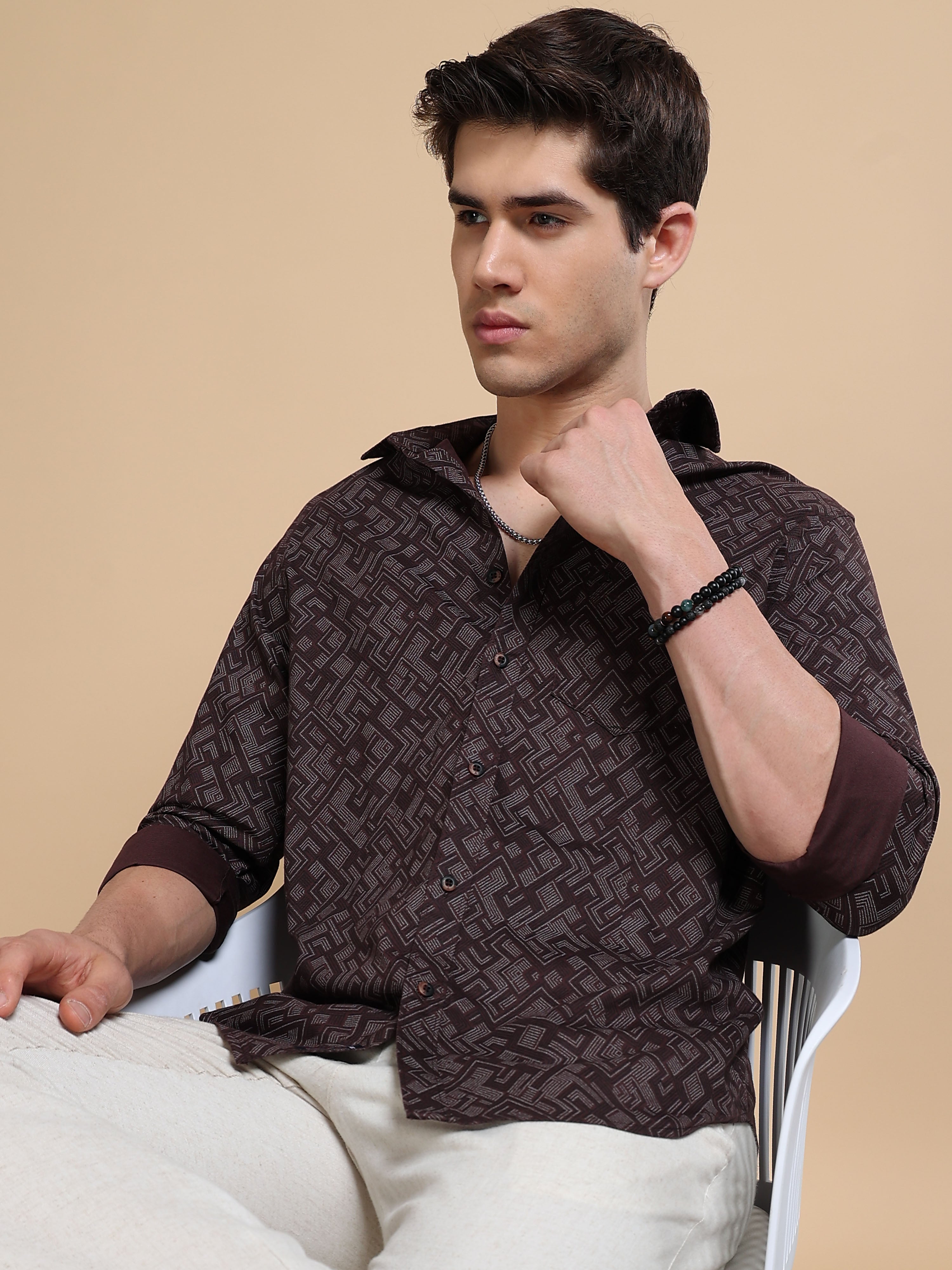 MEN'S BROWN PRINT SLIM FIT SHIRT
