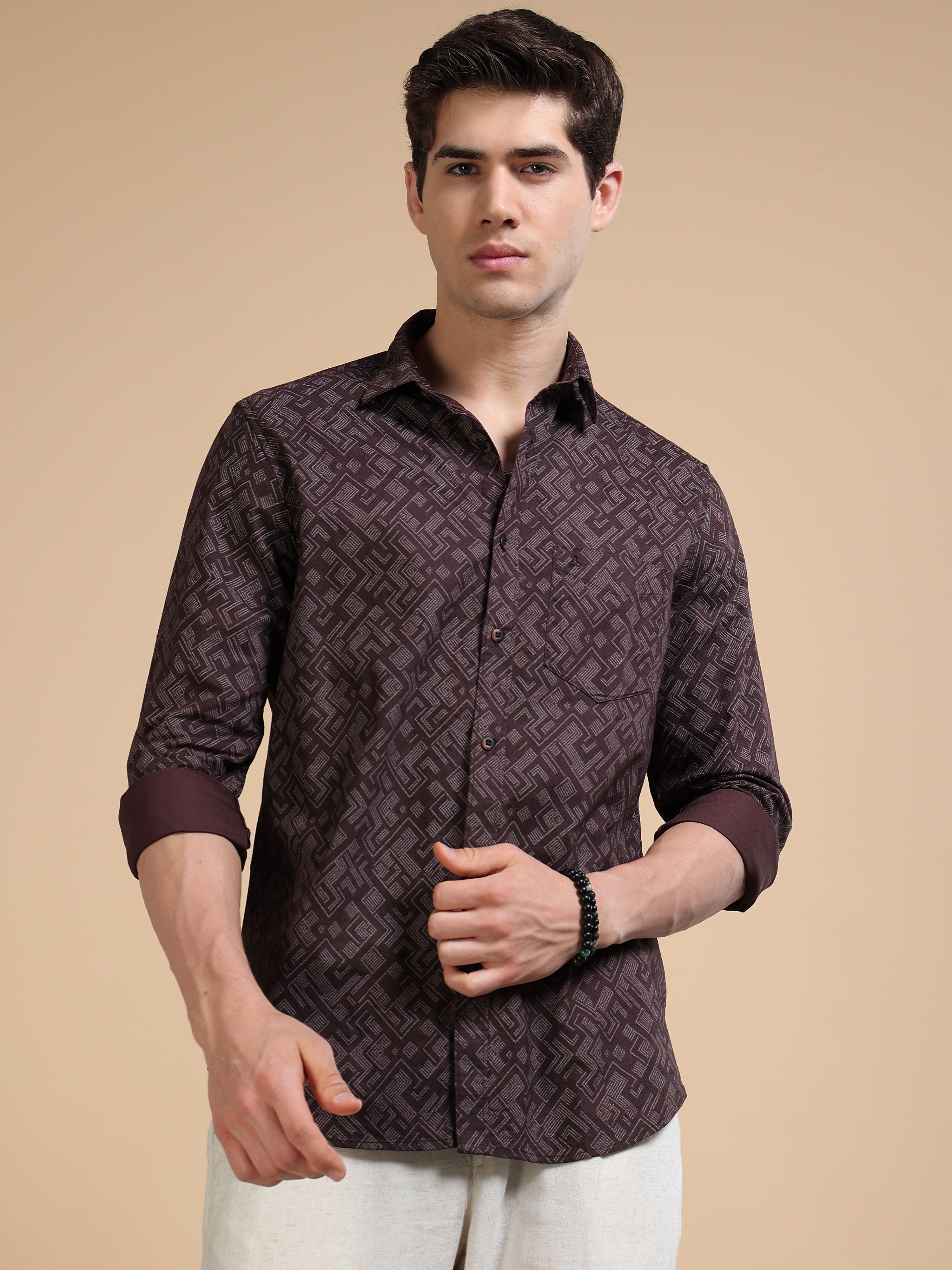 MEN'S BROWN PRINT SLIM FIT SHIRT