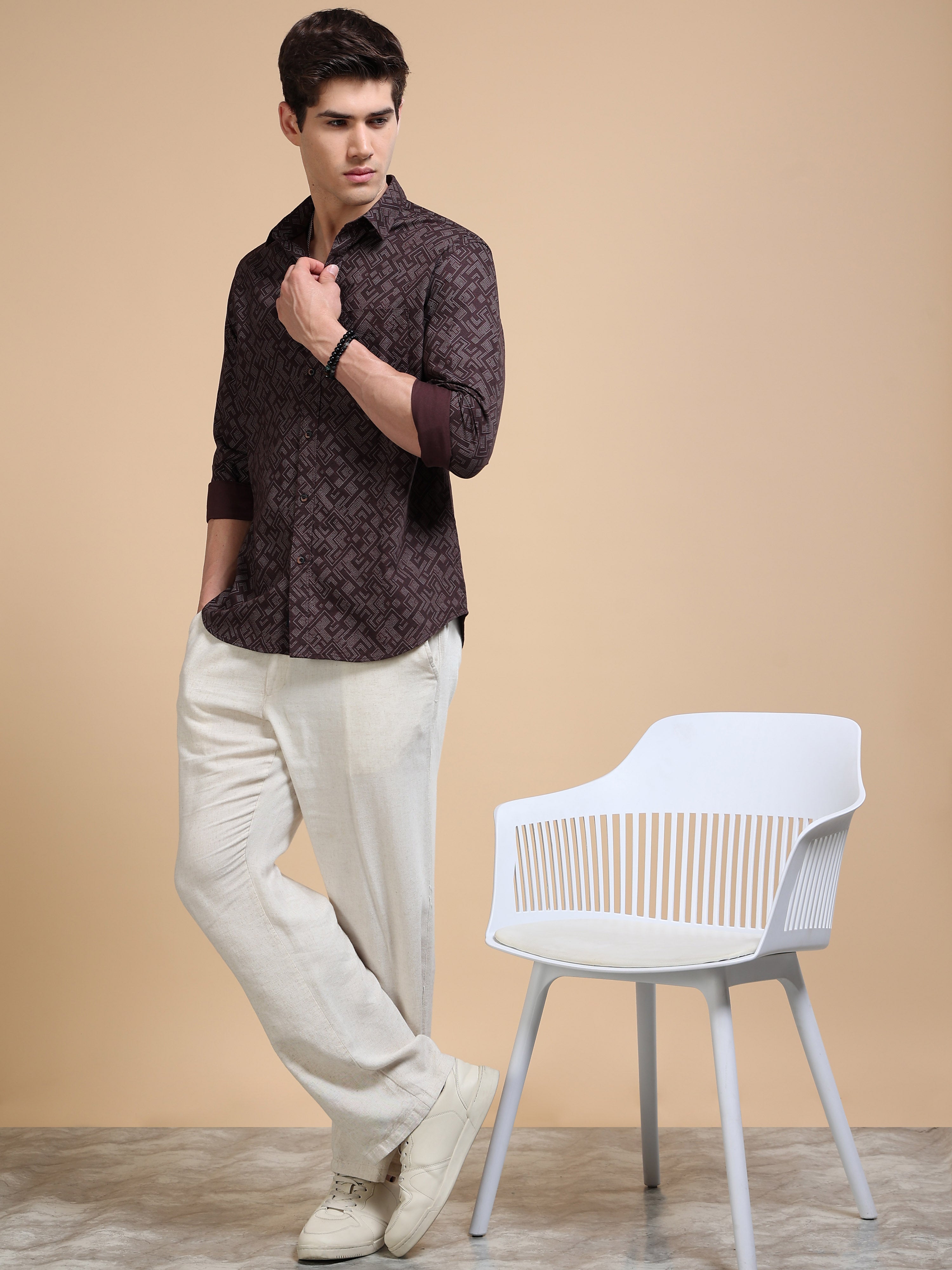 MEN'S BROWN PRINT SLIM FIT SHIRT