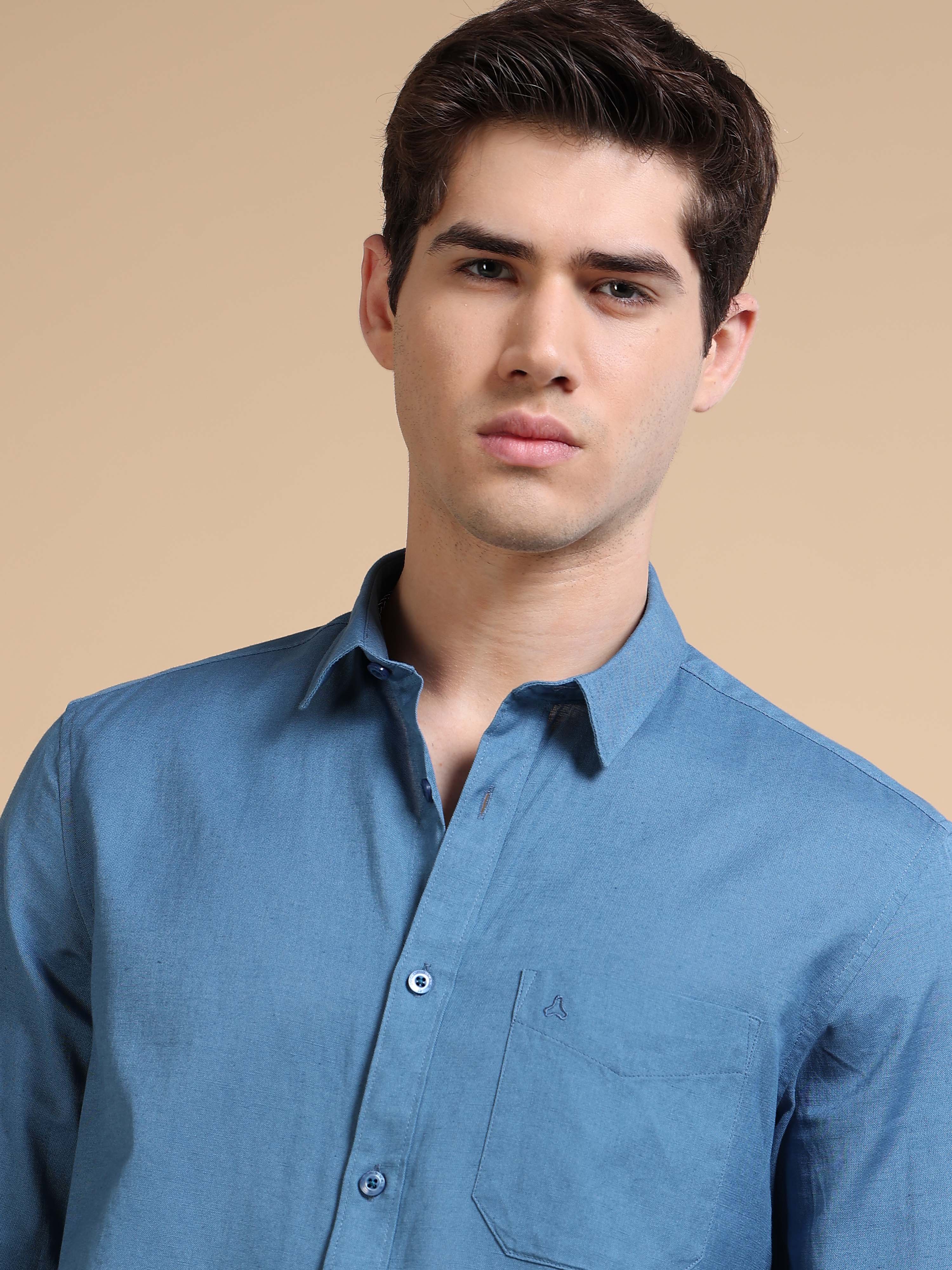 MEN'S STEEL BLUE SOLID SLIM FIT SHIRT