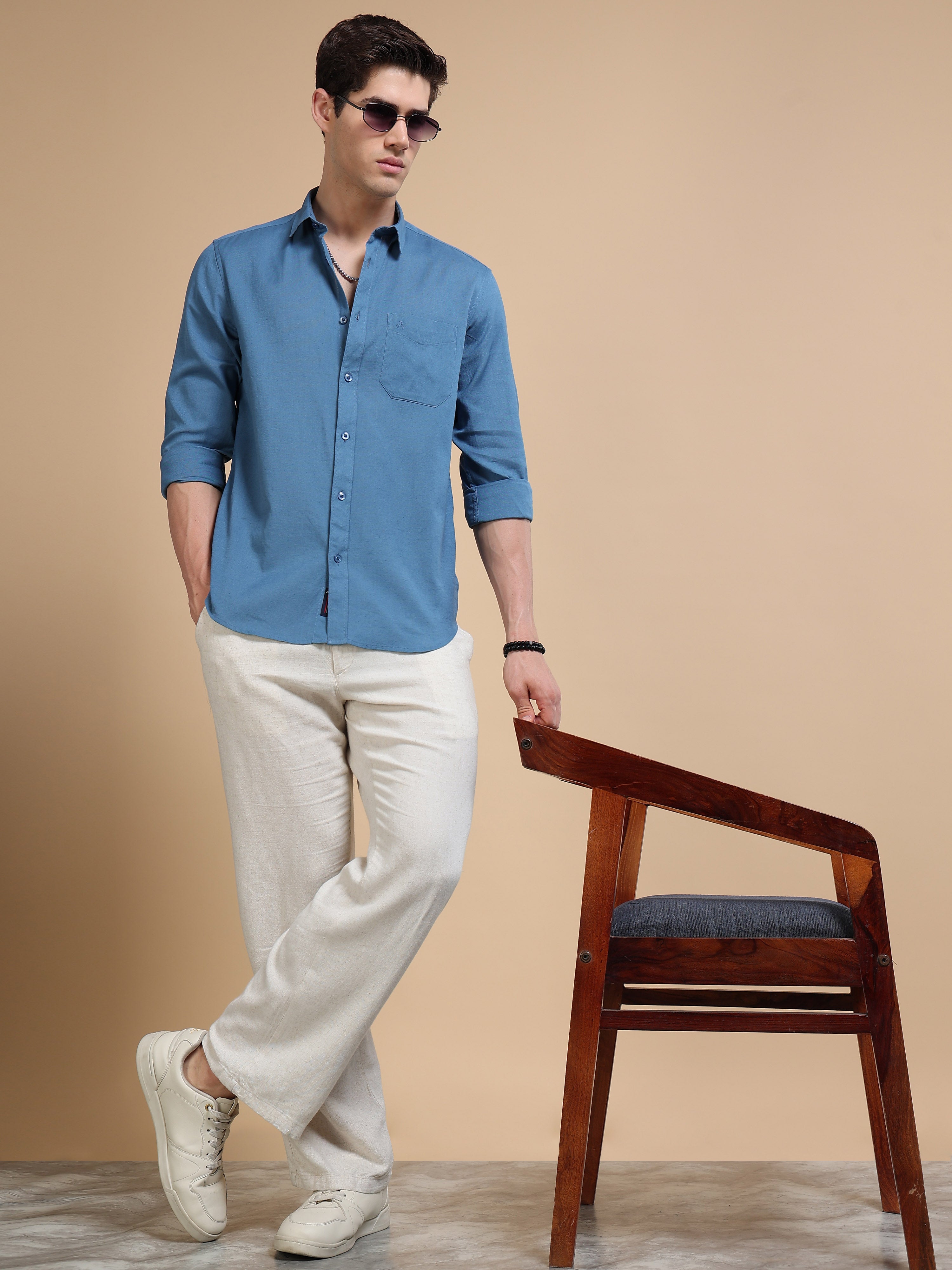 MEN'S STEEL BLUE SOLID SLIM FIT SHIRT