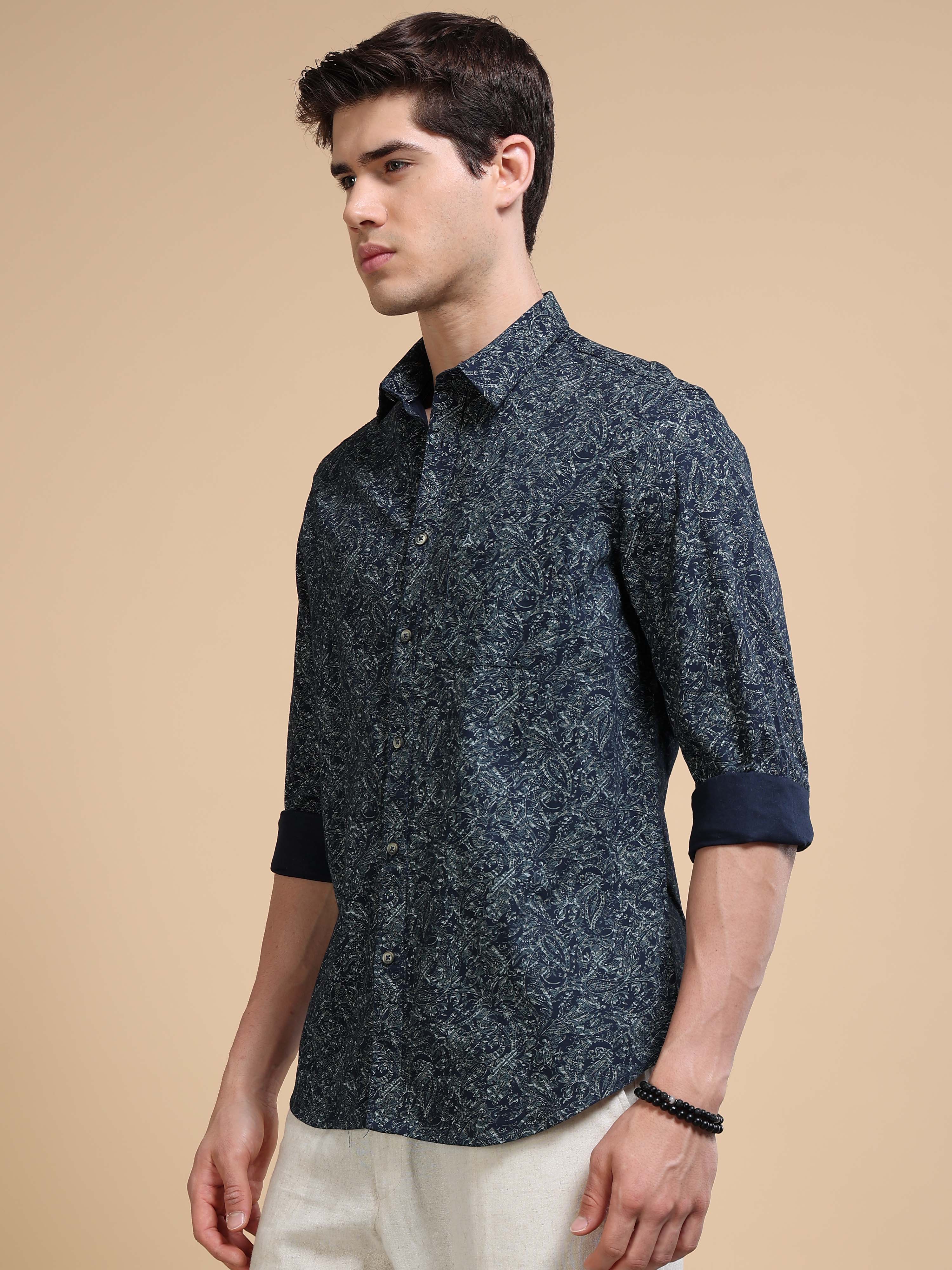 MEN'S NAVY PRINT SLIM FIT SHIRT
