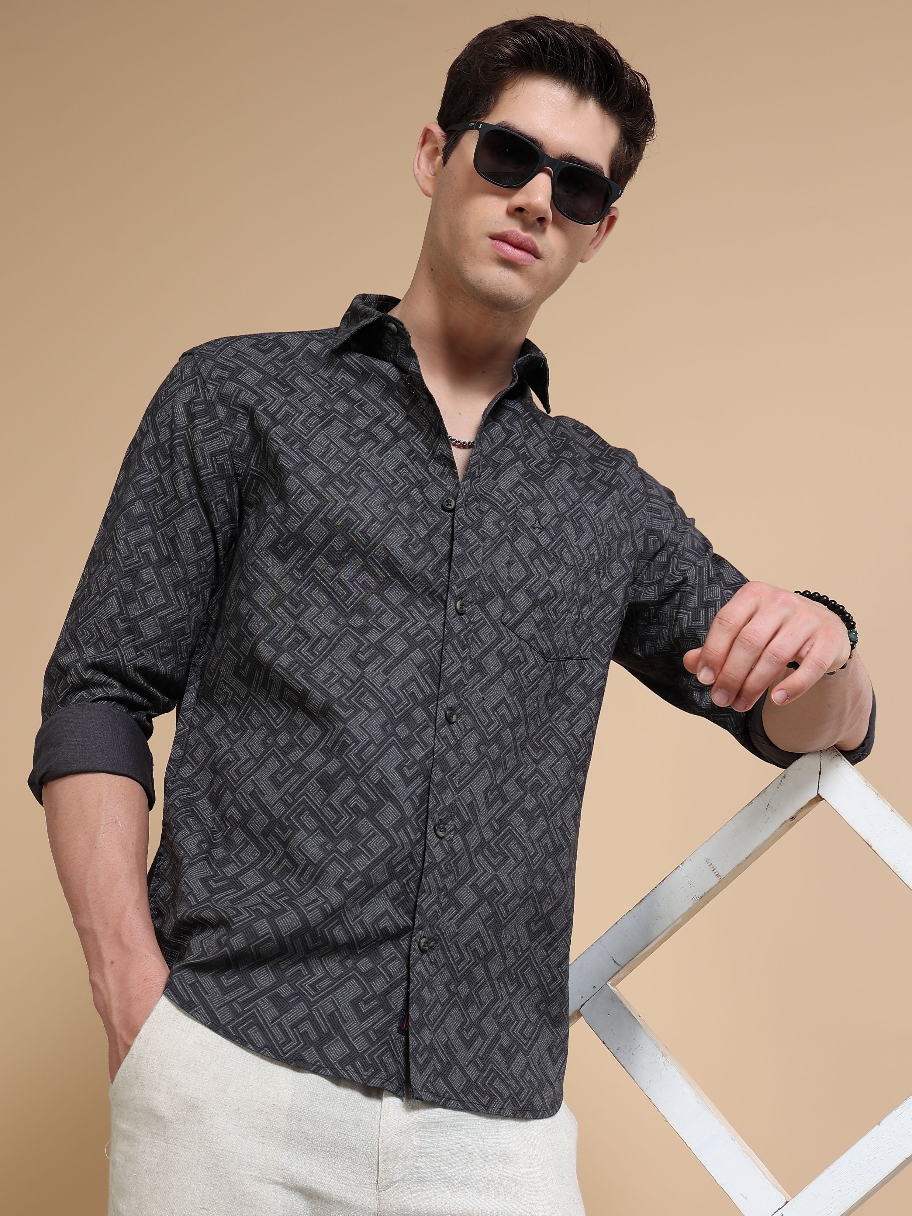 MEN'S DK.GREY PRINT SLIM FIT SHIRT
