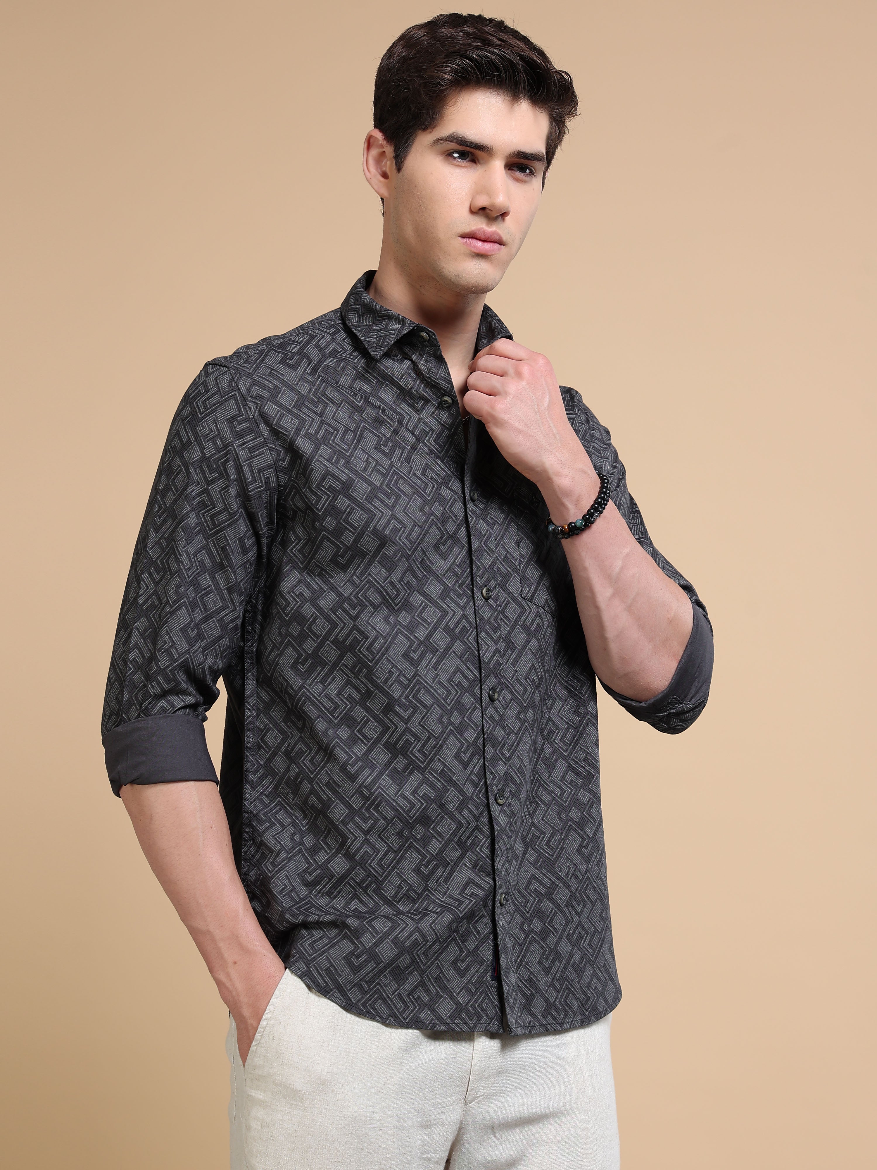 MEN'S DK.GREY PRINT SLIM FIT SHIRT
