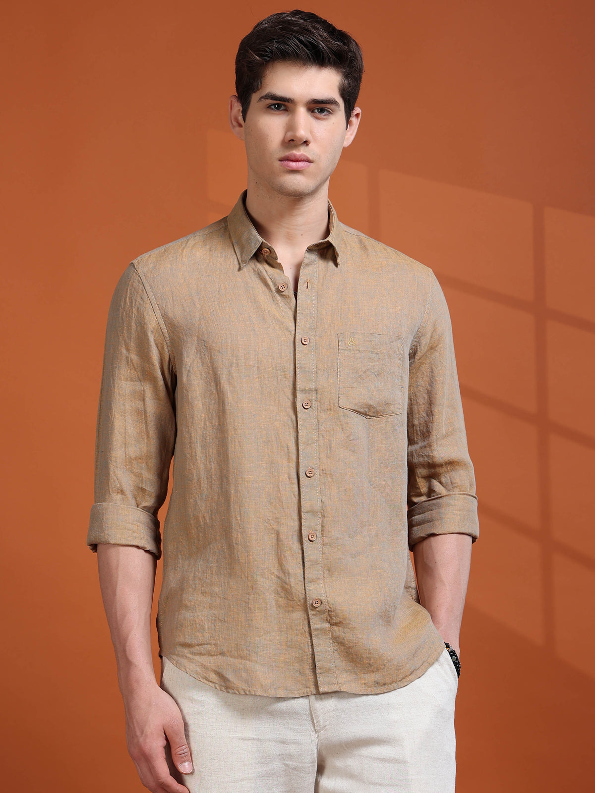 MEN'S LT.ORANGE SOLID SLIM FIT LINEN SHIRT