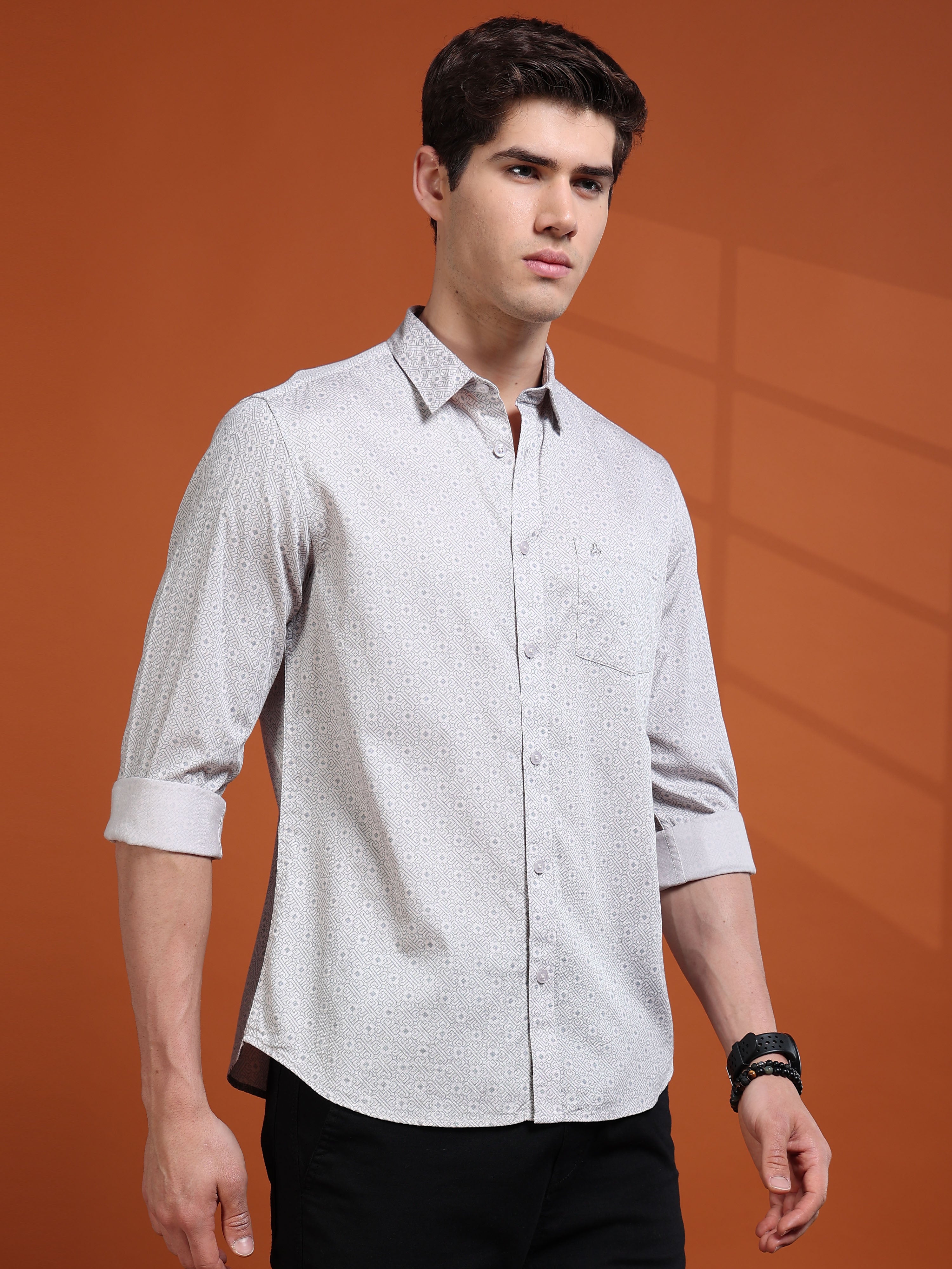 MEN'S LT.GREY PRINT SLIM FIT SHIRT
