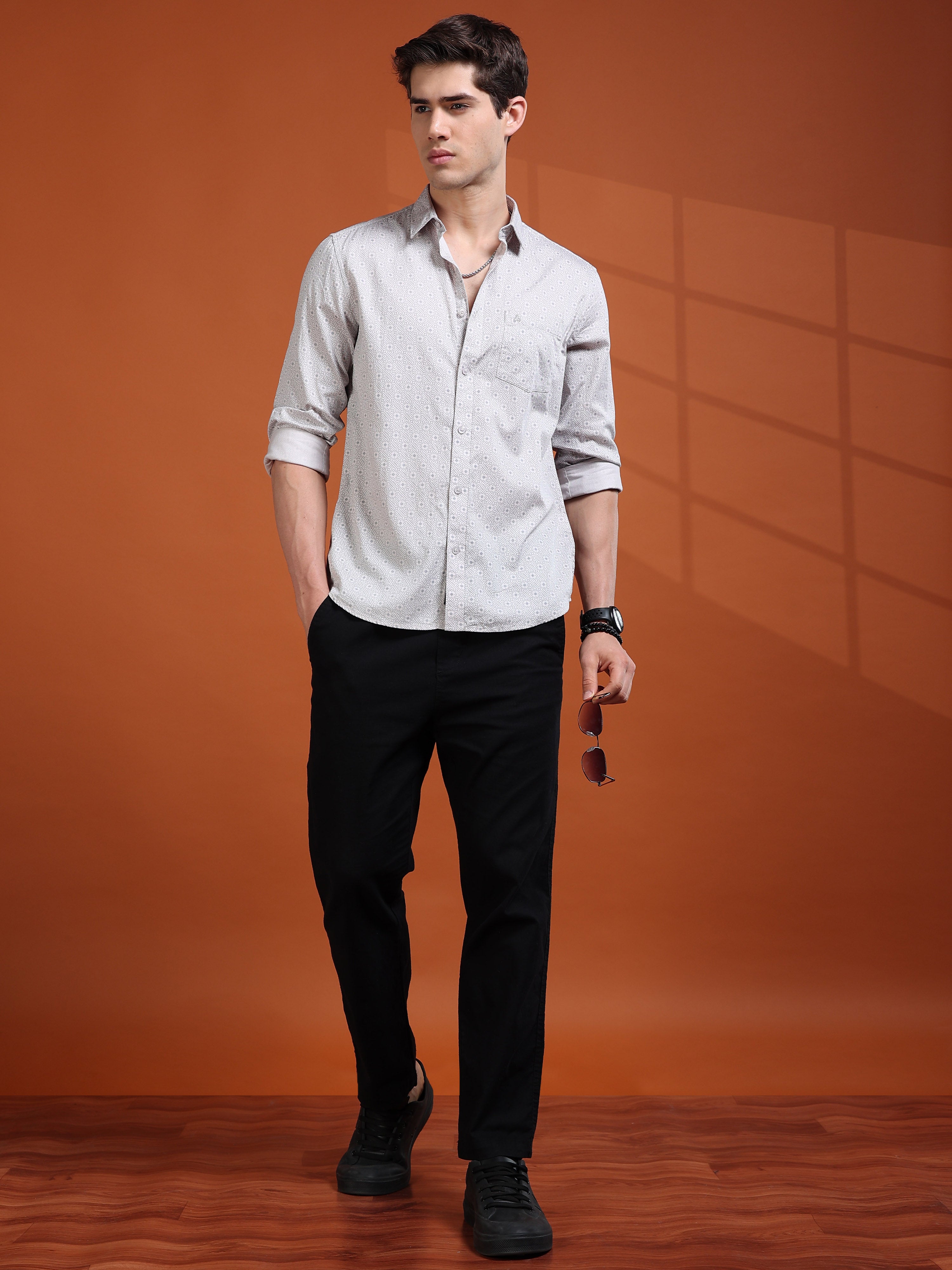 MEN'S LT.GREY PRINT SLIM FIT SHIRT