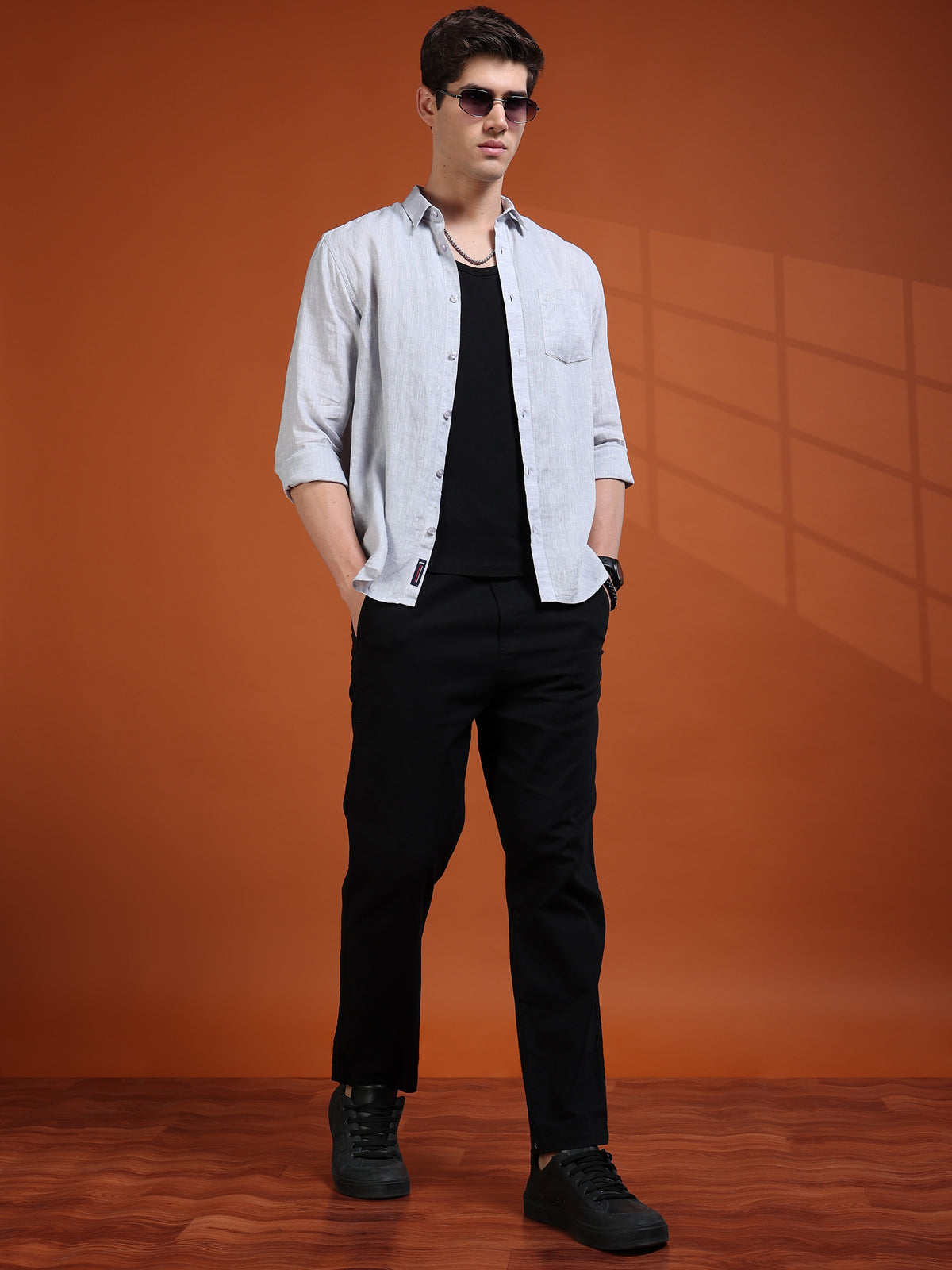MEN'S LT.GREY SOLID SLIM FIT LINEN SHIRT