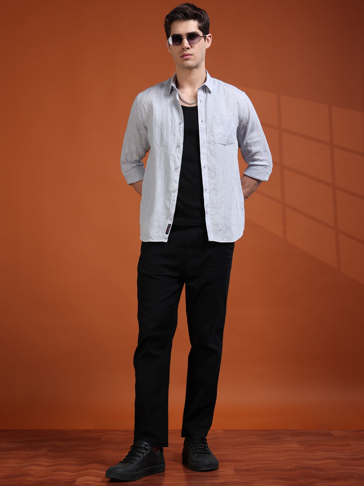 MEN'S LT.GREY SOLID SLIM FIT LINEN SHIRT
