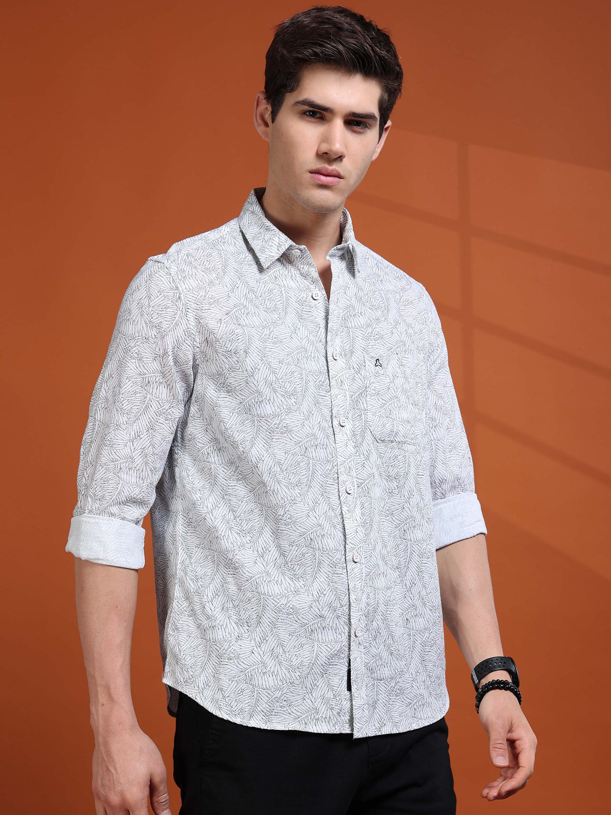 MEN'S WHITE PRINT SLIM FIT SHIRT