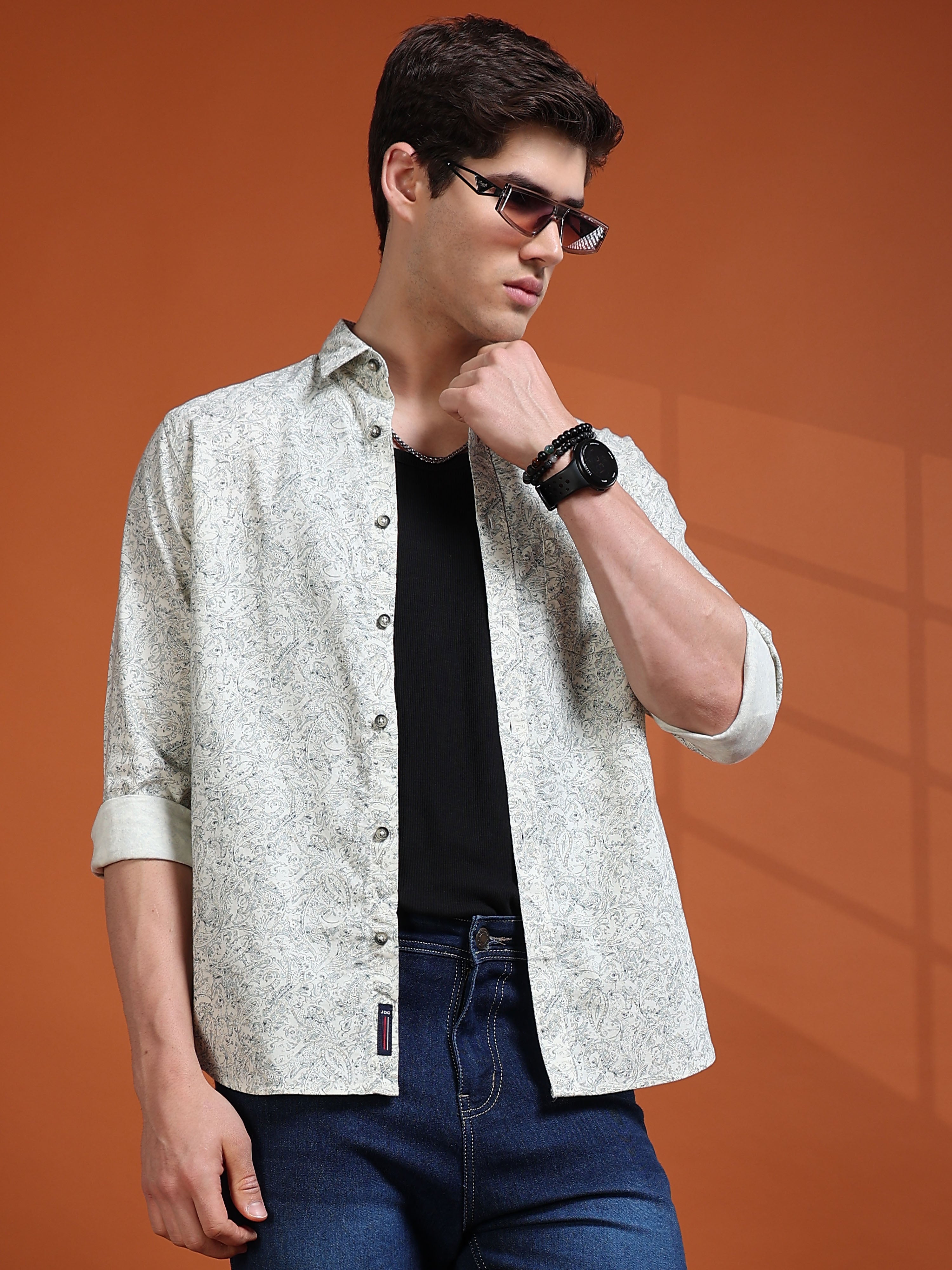 MEN'S EGGRU WHITE PRINT SLIM FIT SHIRT